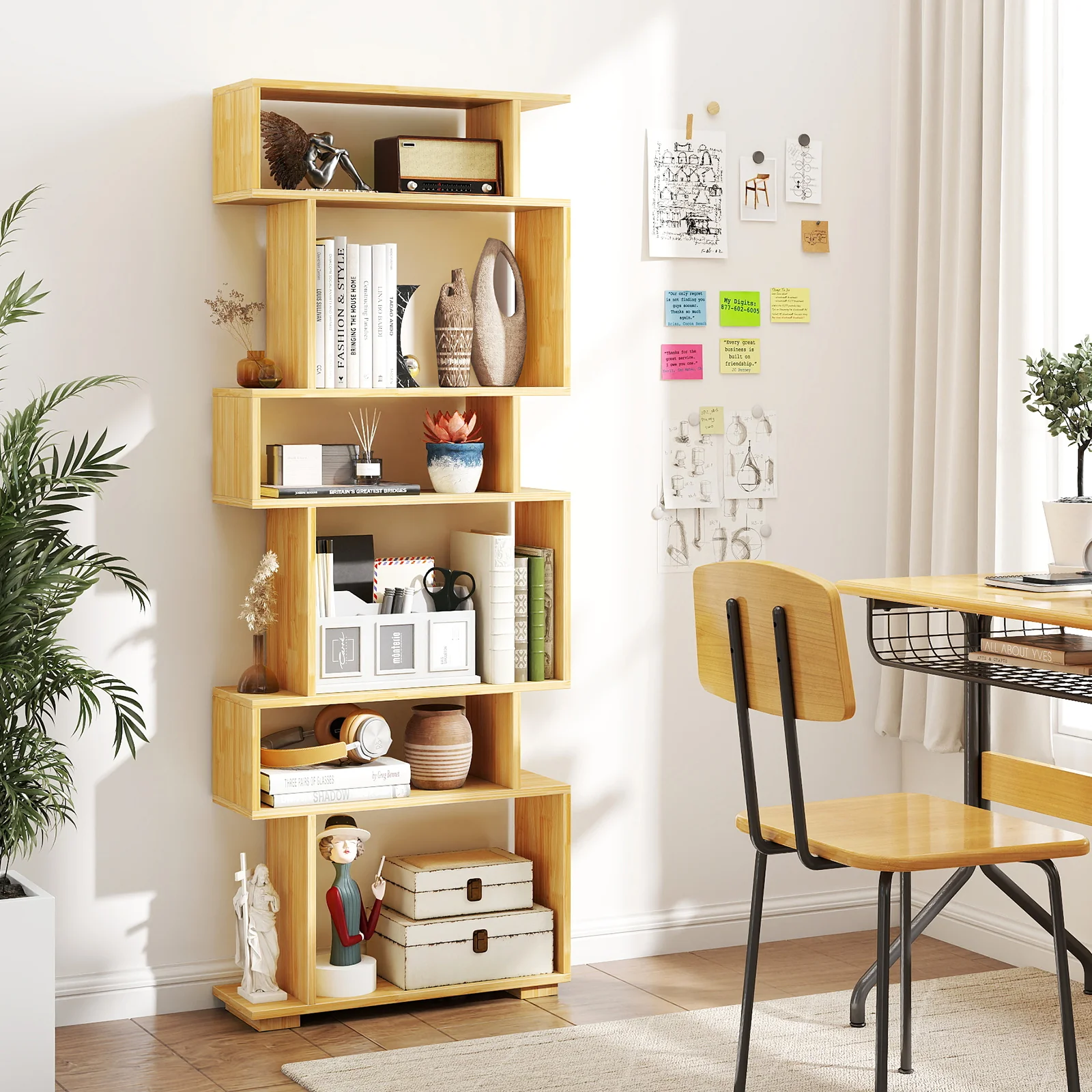 6-Tier Geometric Bookshelf with 2 Anti-Tipping Kits for Home Office-BE, Wood - Image 3
