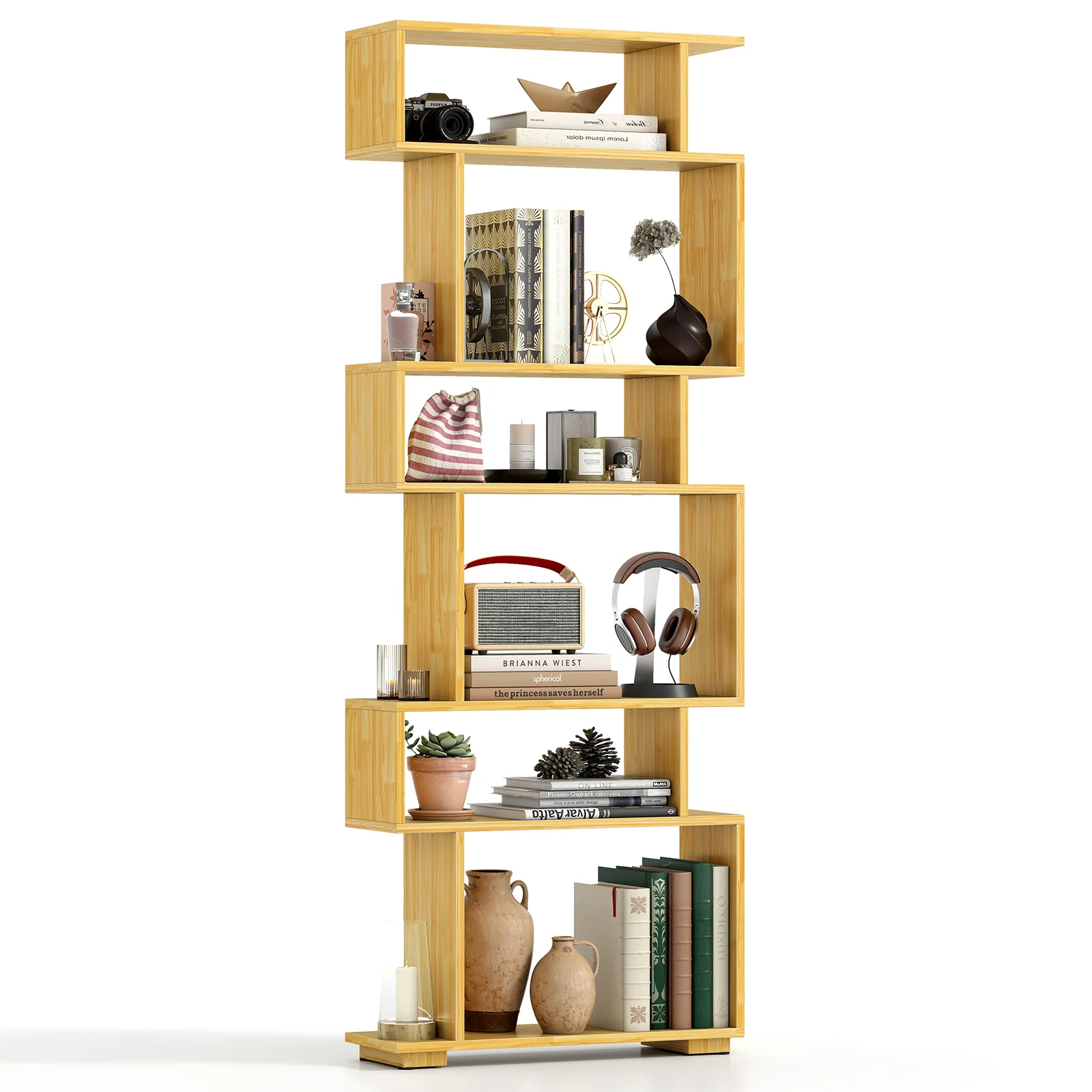 6-Tier Geometric Bookshelf with 2 Anti-Tipping Kits for Home Office-BE, Wood - Image 4