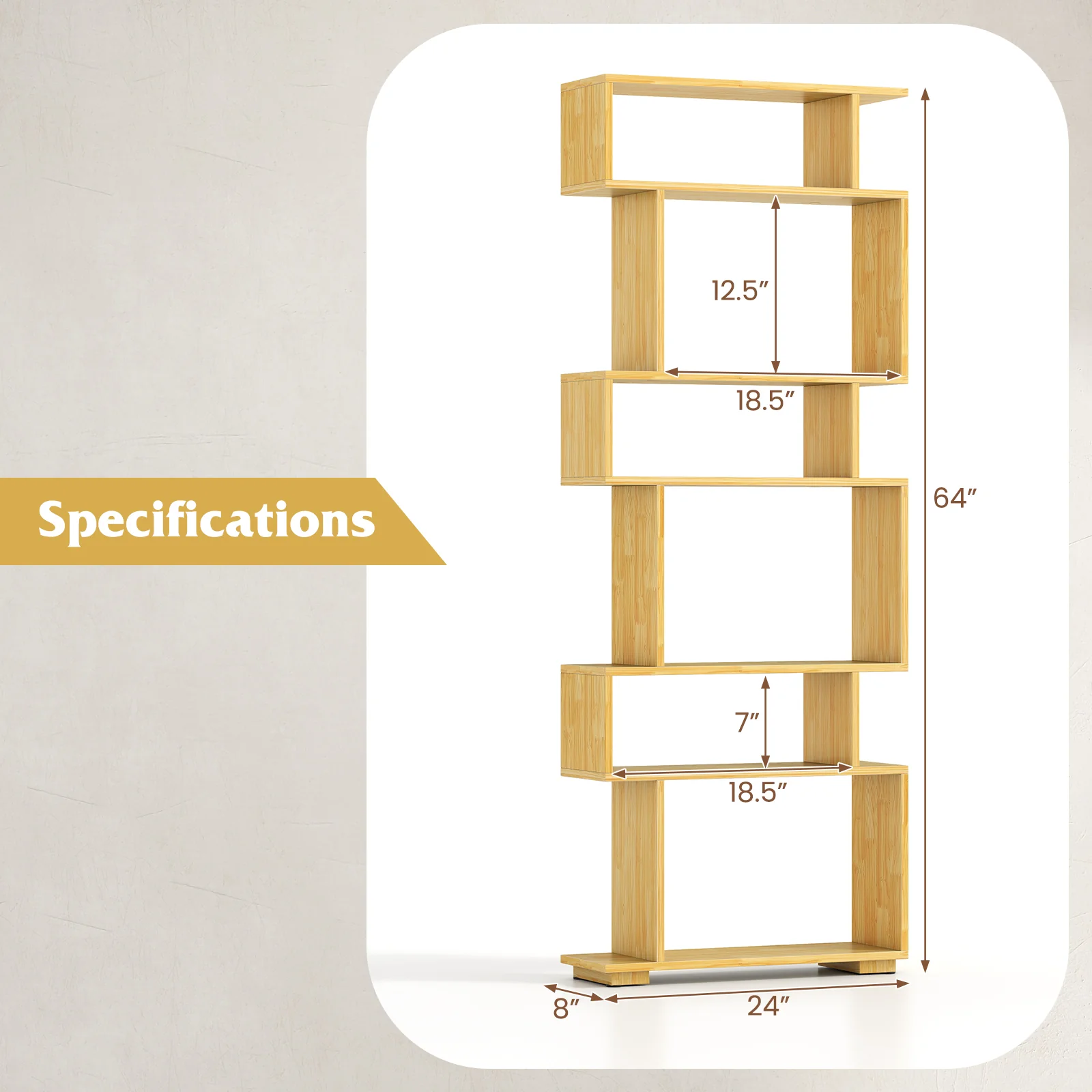 6-Tier Geometric Bookshelf with 2 Anti-Tipping Kits for Home Office-BE, Wood - Image 6
