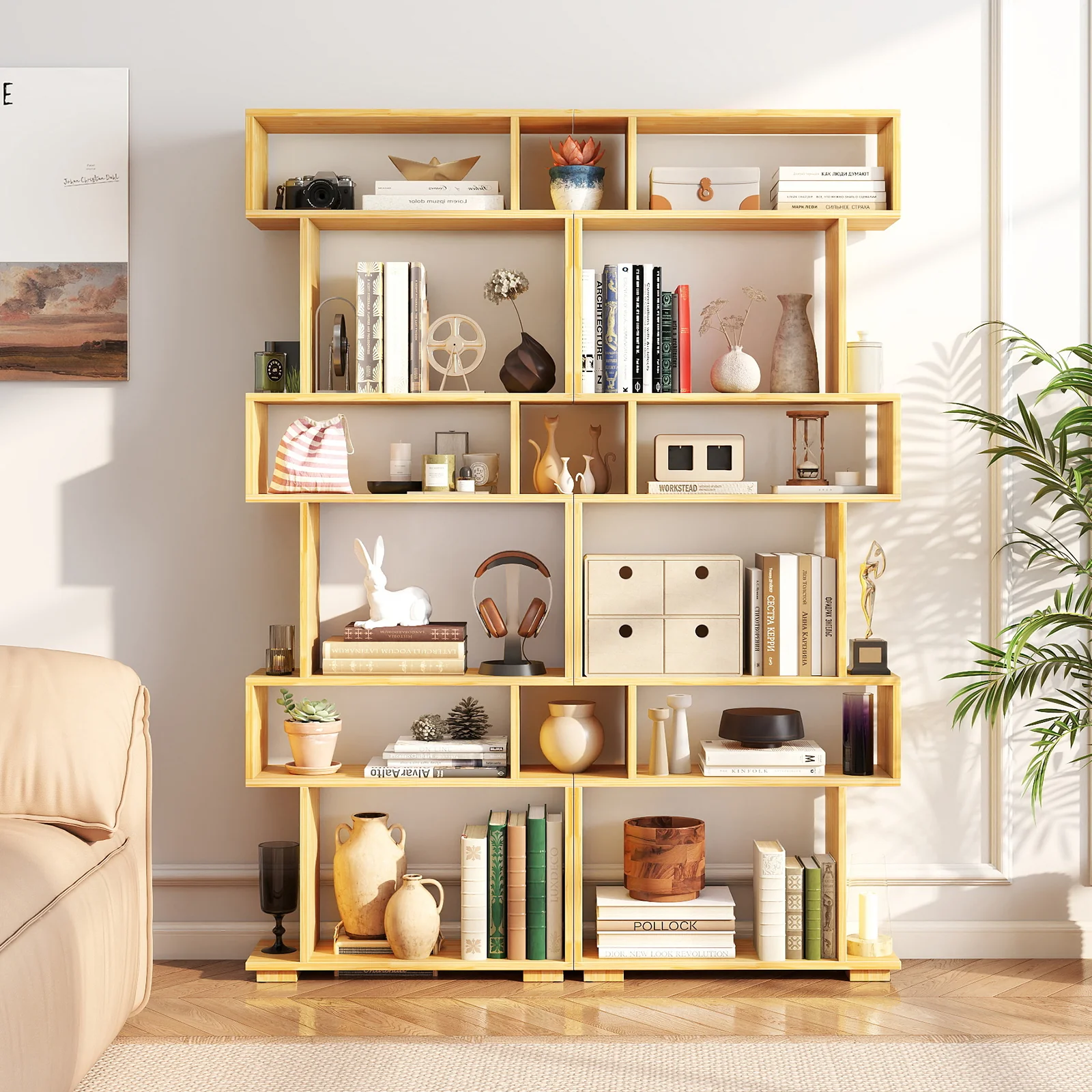 6-Tier Geometric Bookshelf with 2 Anti-Tipping Kits for Home Office-BE, Wood - Image 7