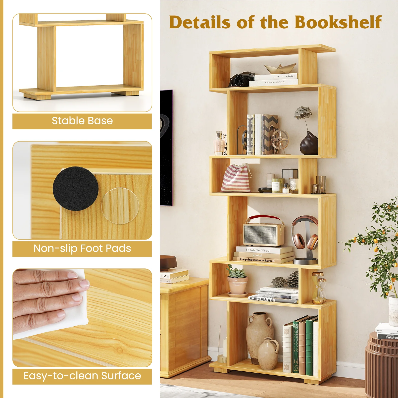 6-Tier Geometric Bookshelf with 2 Anti-Tipping Kits for Home Office-BE, Wood - Image 8