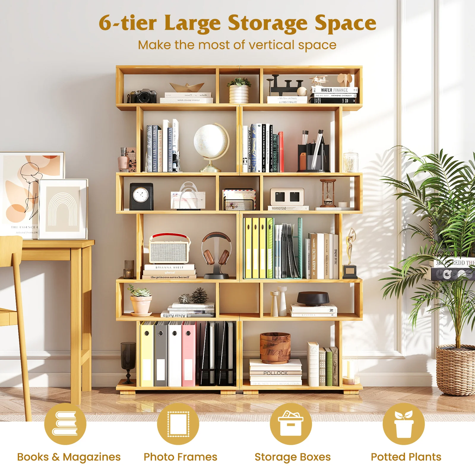 6-Tier Geometric Bookshelf with 2 Anti-Tipping Kits for Home Office-BE, Wood - Image 9