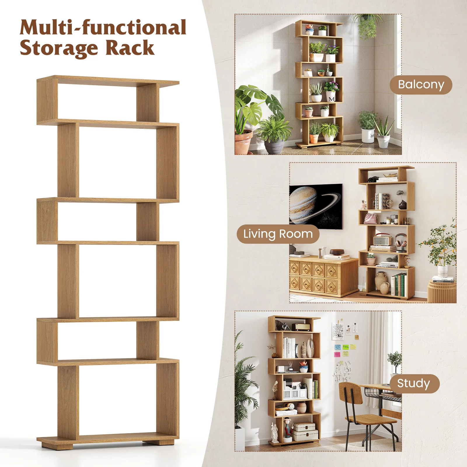 6-Tier Geometric Bookshelf with 2 Anti-Tipping Kits for Home Office-NA, Natural - Image 10