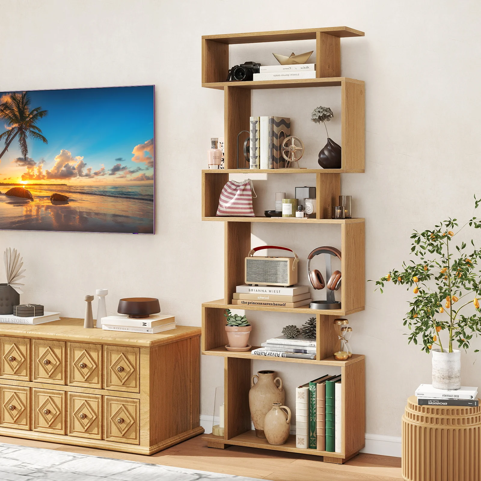 6-Tier Geometric Bookshelf with 2 Anti-Tipping Kits for Home Office-NA, Natural - Image 2