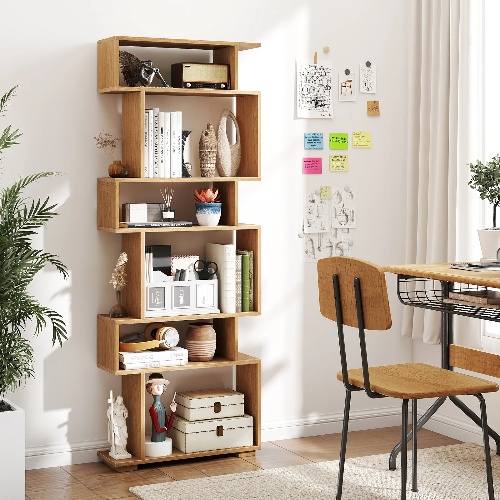 6-Tier Geometric Bookshelf with 2 Anti-Tipping Kits for Home Office-NA, Natural - Image 3