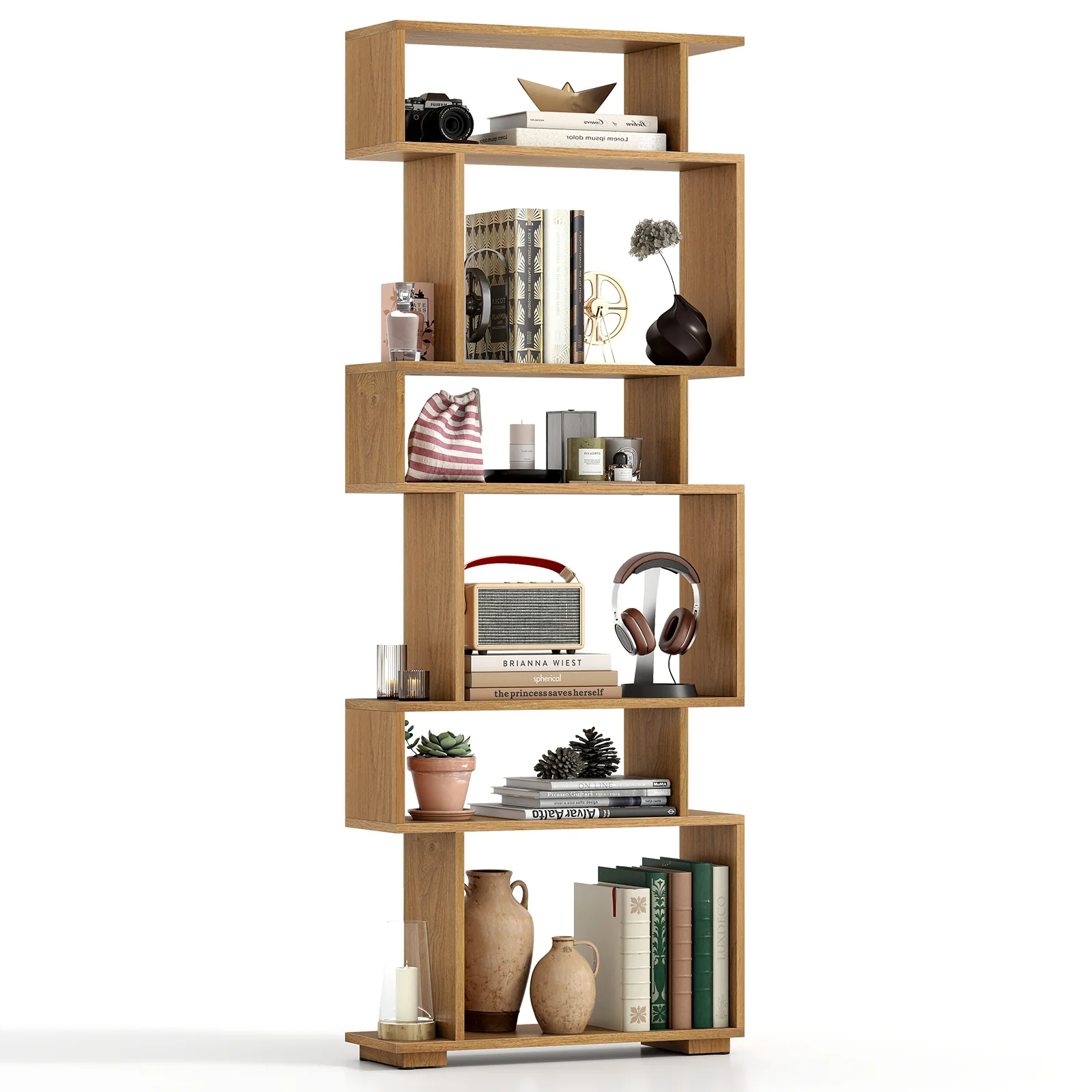 6-Tier Geometric Bookshelf with 2 Anti-Tipping Kits for Home Office-NA, Natural - Image 5