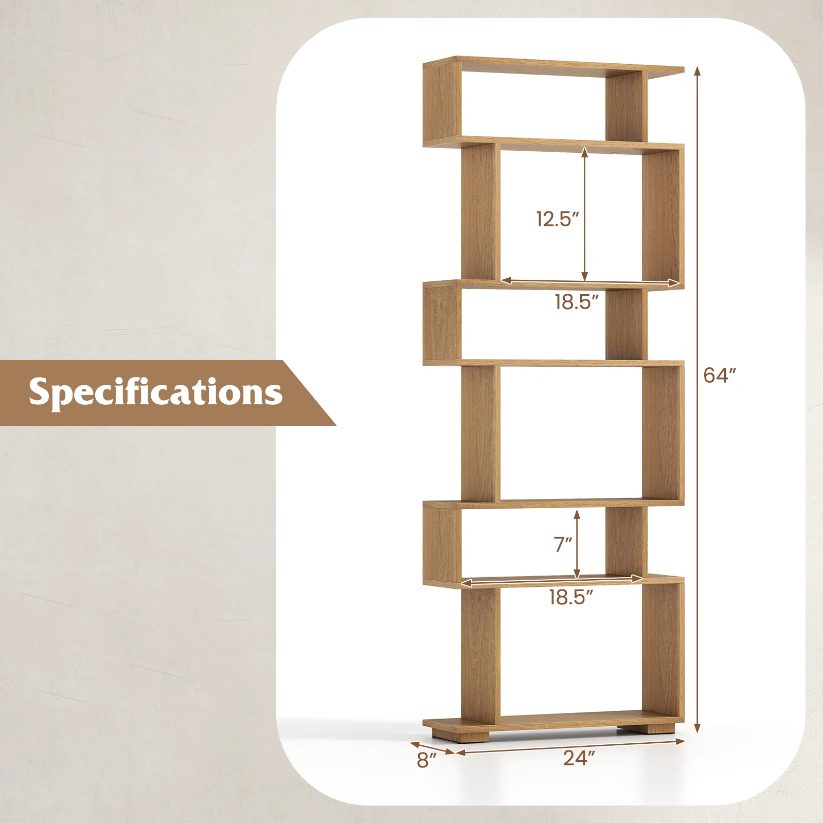 6-Tier Geometric Bookshelf with 2 Anti-Tipping Kits for Home Office-NA, Natural - Image 6