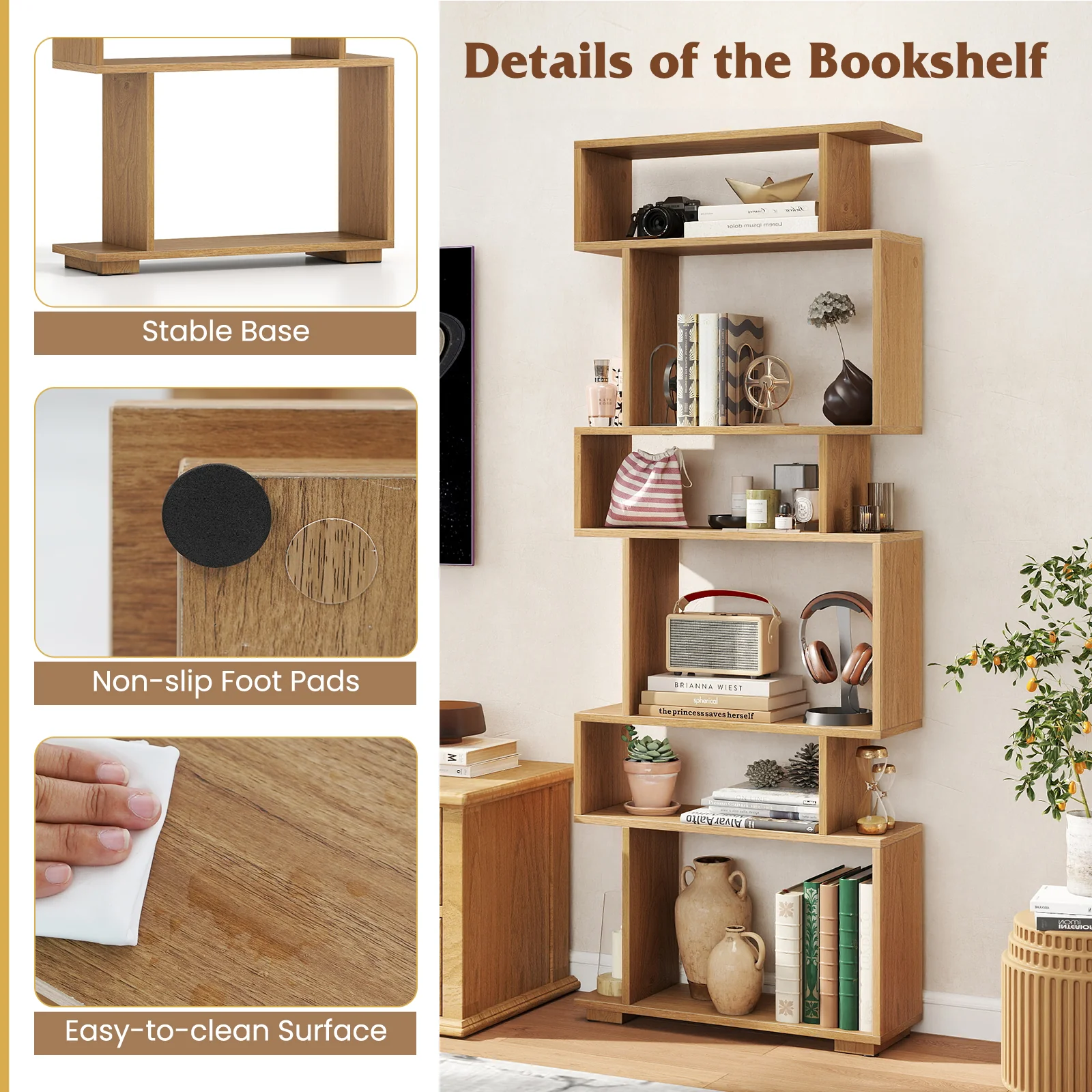6-Tier Geometric Bookshelf with 2 Anti-Tipping Kits for Home Office-NA, Natural - Image 7
