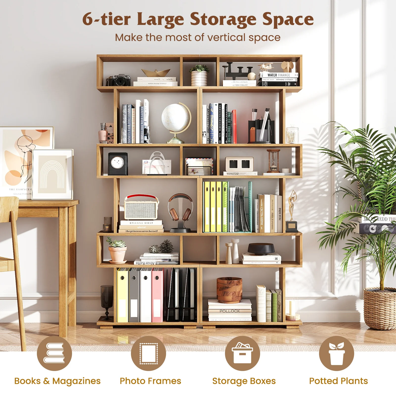 6-Tier Geometric Bookshelf with 2 Anti-Tipping Kits for Home Office-NA, Natural - Image 8