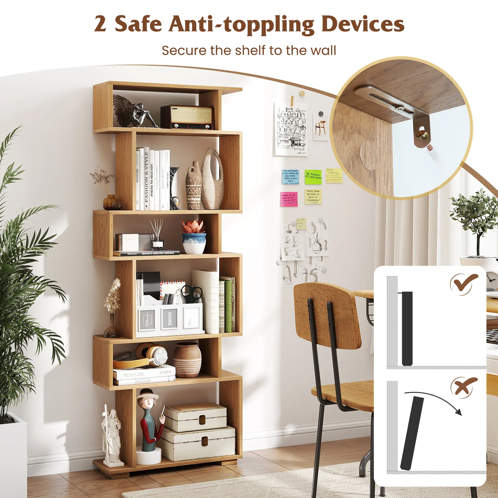 6-Tier Geometric Bookshelf with 2 Anti-Tipping Kits for Home Office-NA, Natural - Image 9