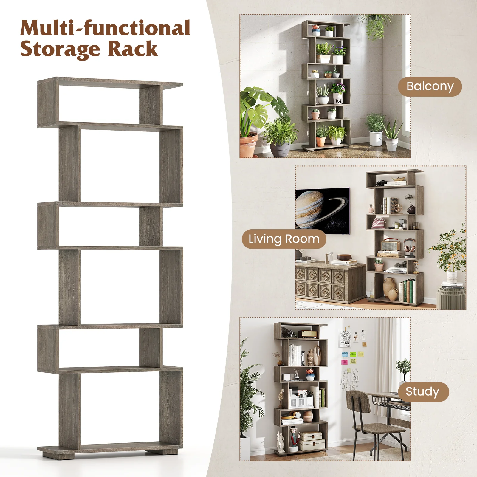 6-Tier Geometric Bookshelf with 2 Anti-Tipping Kits for Home Office, Oak - Image 10