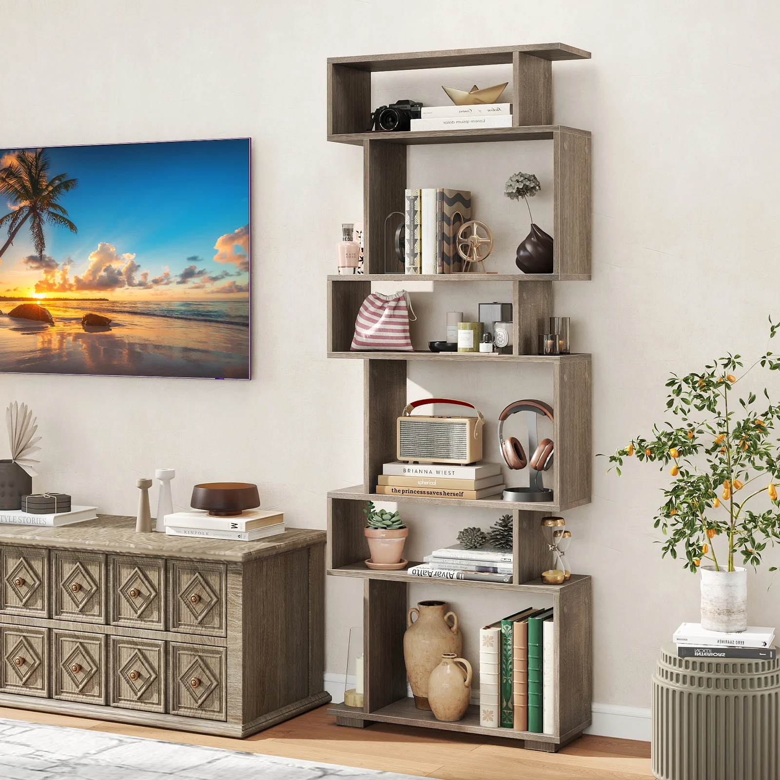 6-Tier Geometric Bookshelf with 2 Anti-Tipping Kits for Home Office, Oak - Image 2