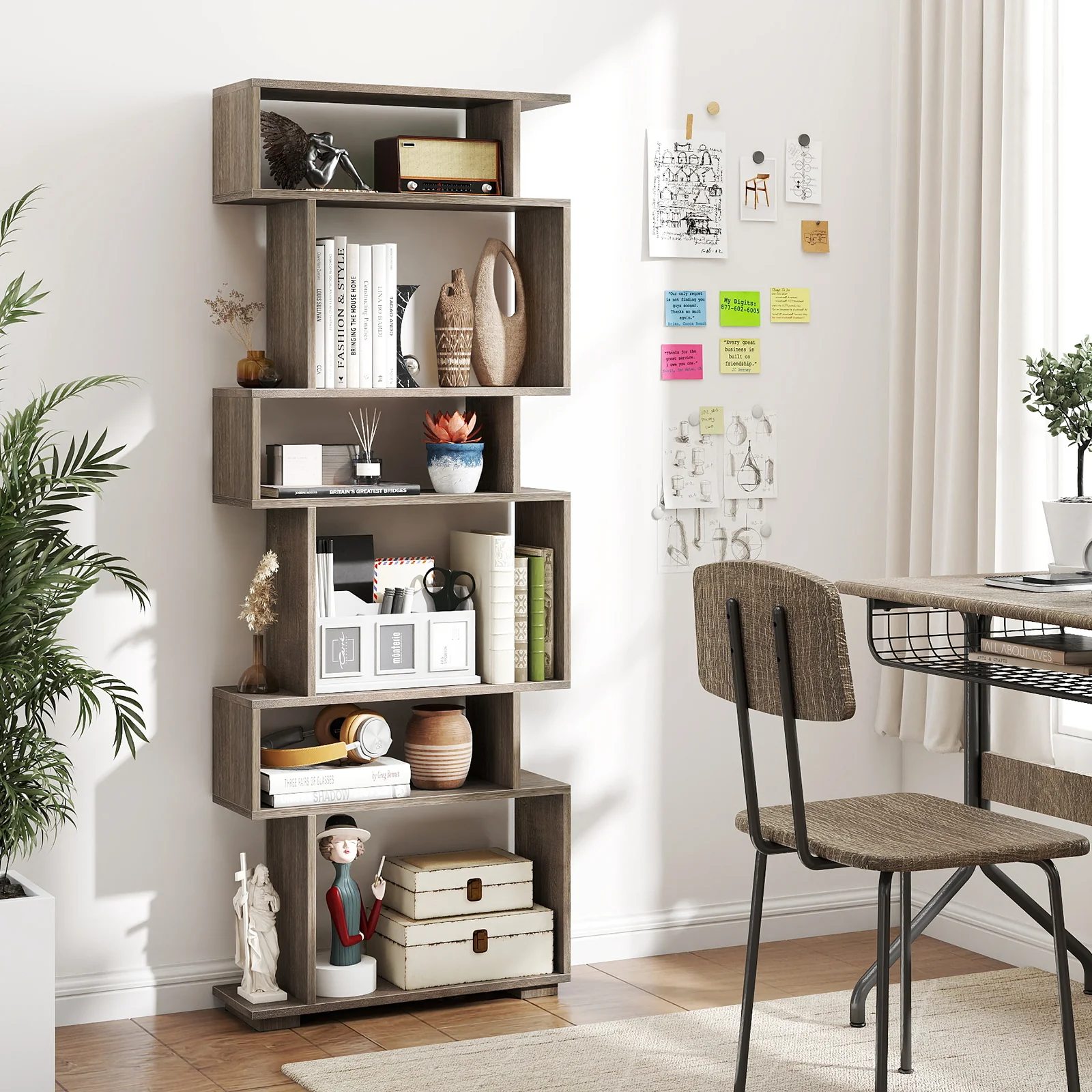 6-Tier Geometric Bookshelf with 2 Anti-Tipping Kits for Home Office, Oak - Image 3