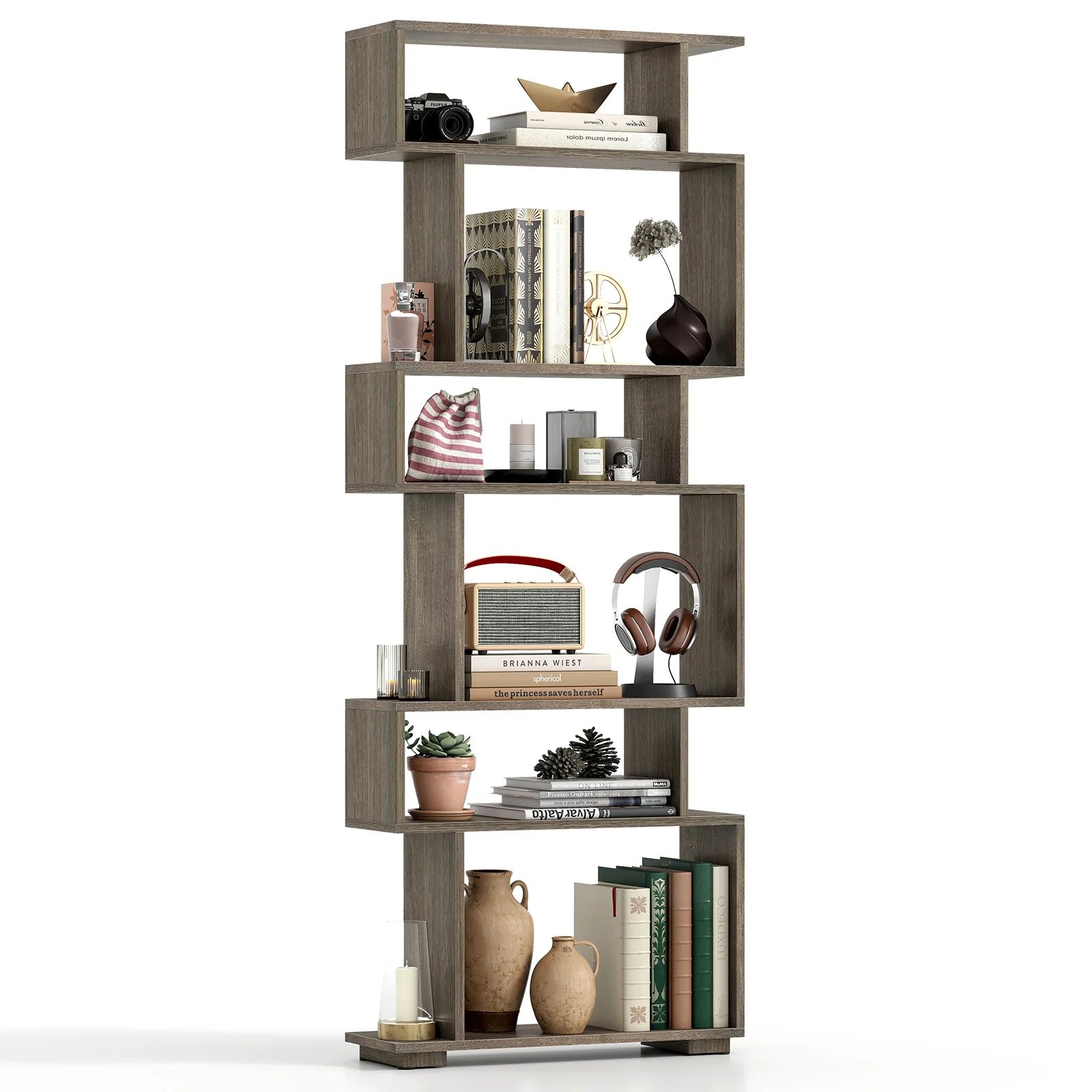 6-Tier Geometric Bookshelf with 2 Anti-Tipping Kits for Home Office, Oak - Image 4