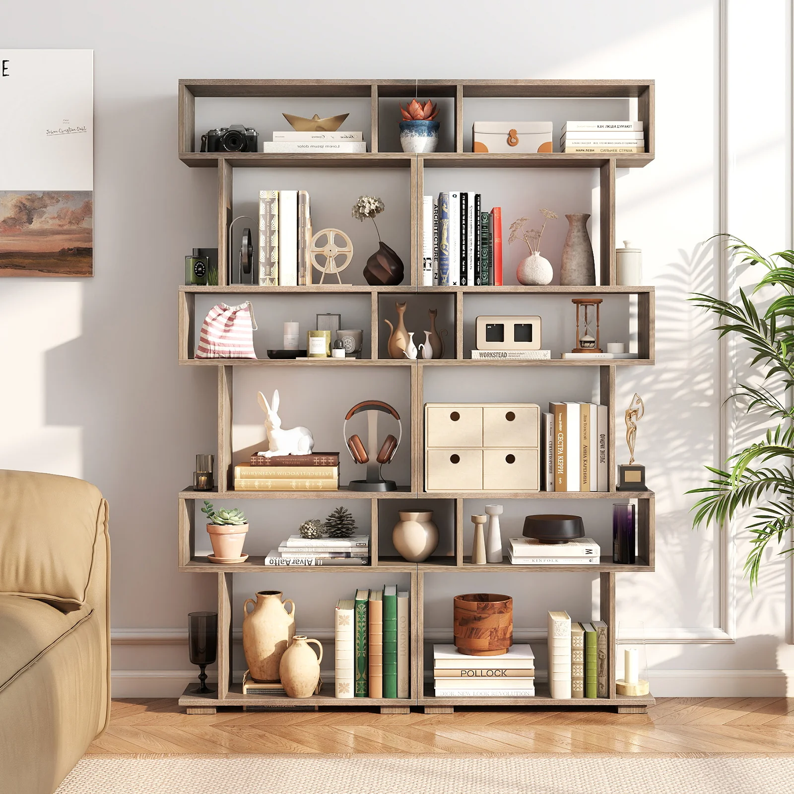 6-Tier Geometric Bookshelf with 2 Anti-Tipping Kits for Home Office, Oak - Image 7