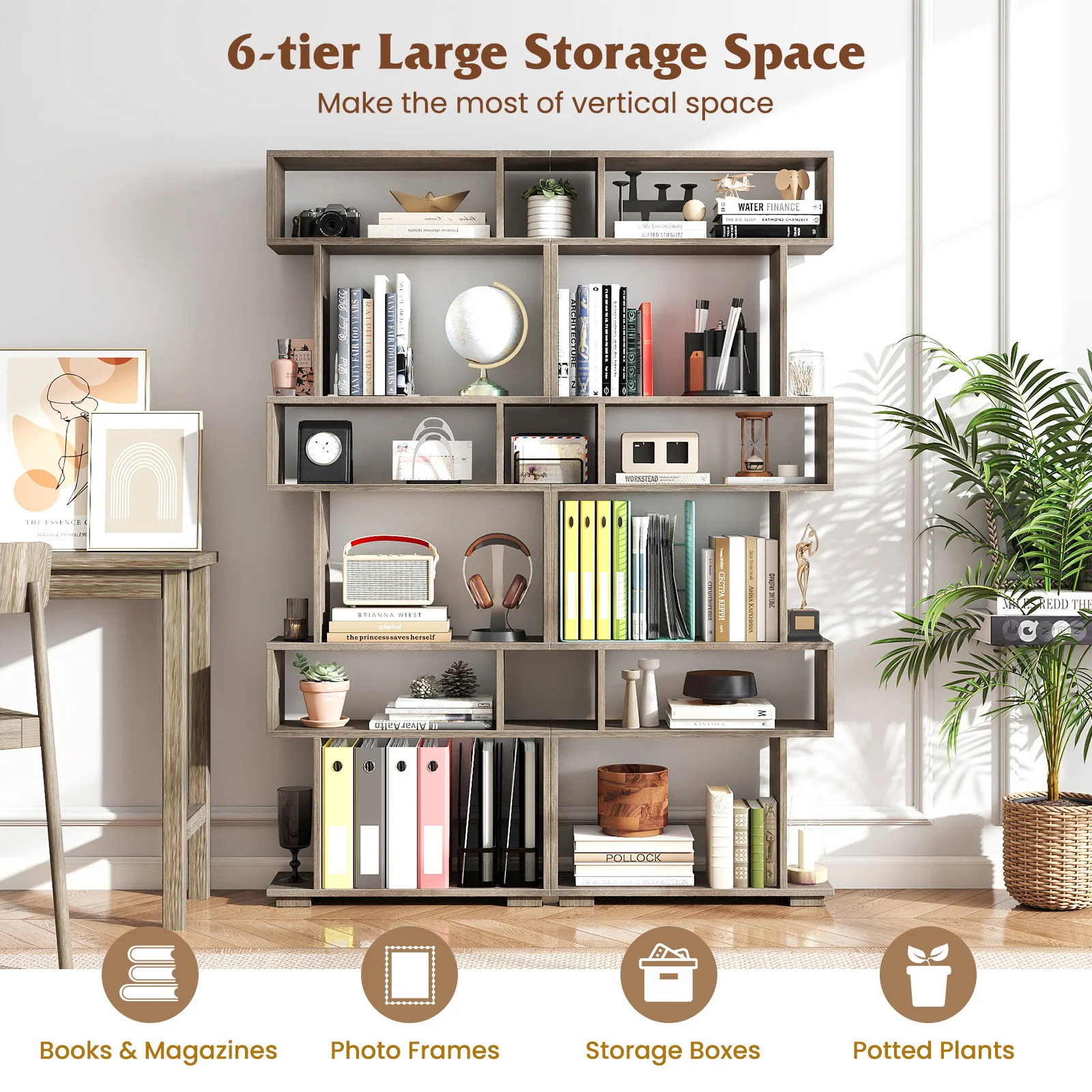 6-Tier Geometric Bookshelf with 2 Anti-Tipping Kits for Home Office, Oak - Image 8