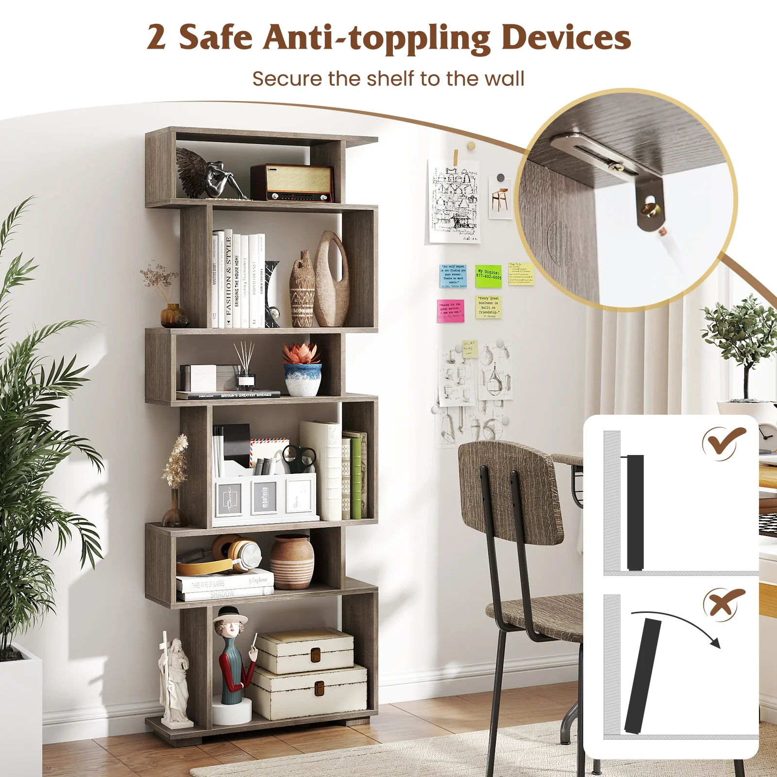 6-Tier Geometric Bookshelf with 2 Anti-Tipping Kits for Home Office, Oak - Image 9