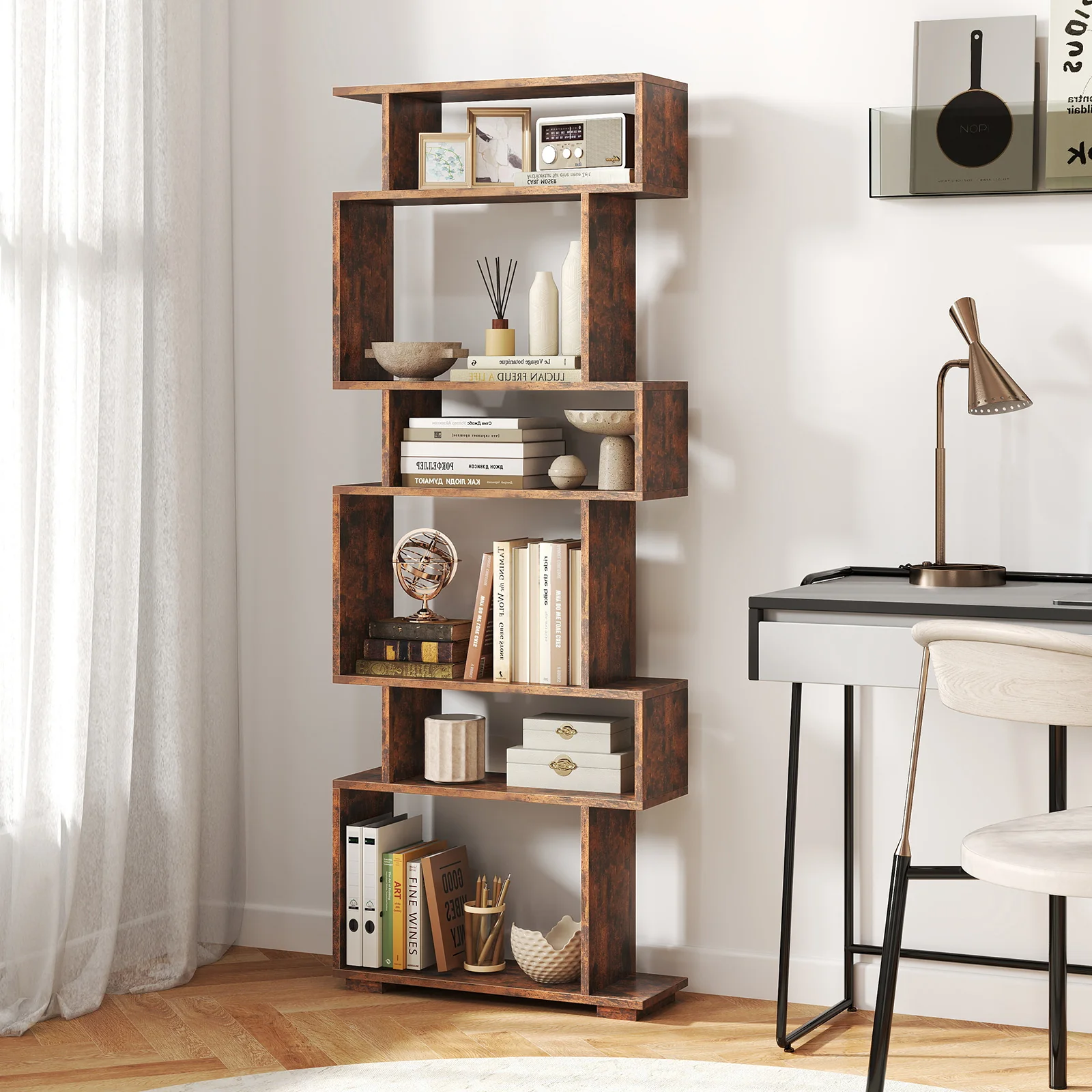 6-Tier Geometric Bookshelf with 2 Anti-Tipping Kits for Home Office, Rustic Brown - Image 2
