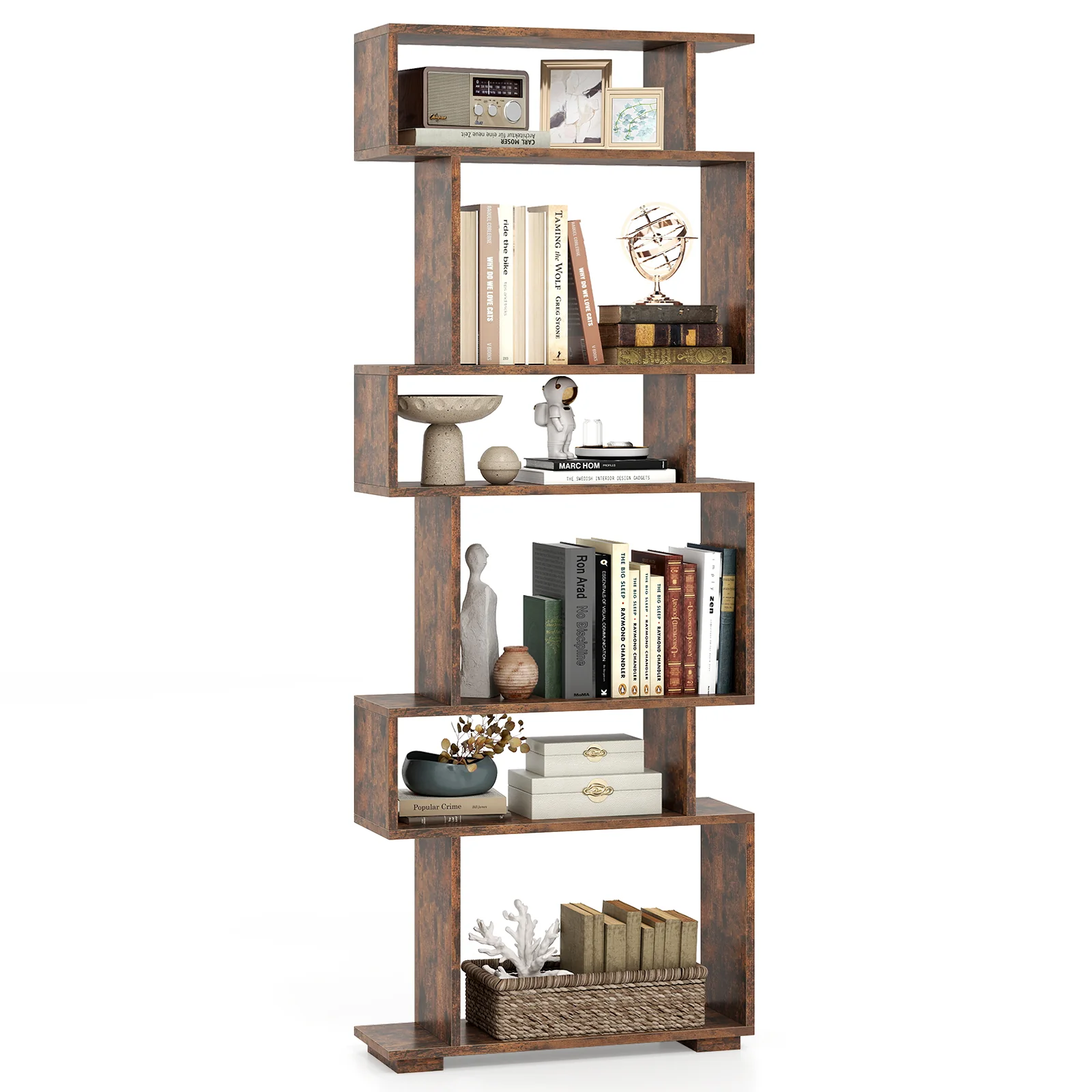 6-Tier Geometric Bookshelf with 2 Anti-Tipping Kits for Home Office, Rustic Brown - Image 5