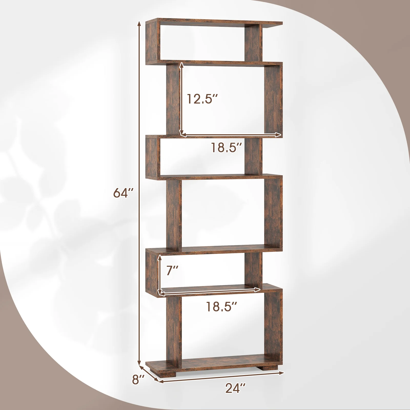 6-Tier Geometric Bookshelf with 2 Anti-Tipping Kits for Home Office, Rustic Brown - Image 6
