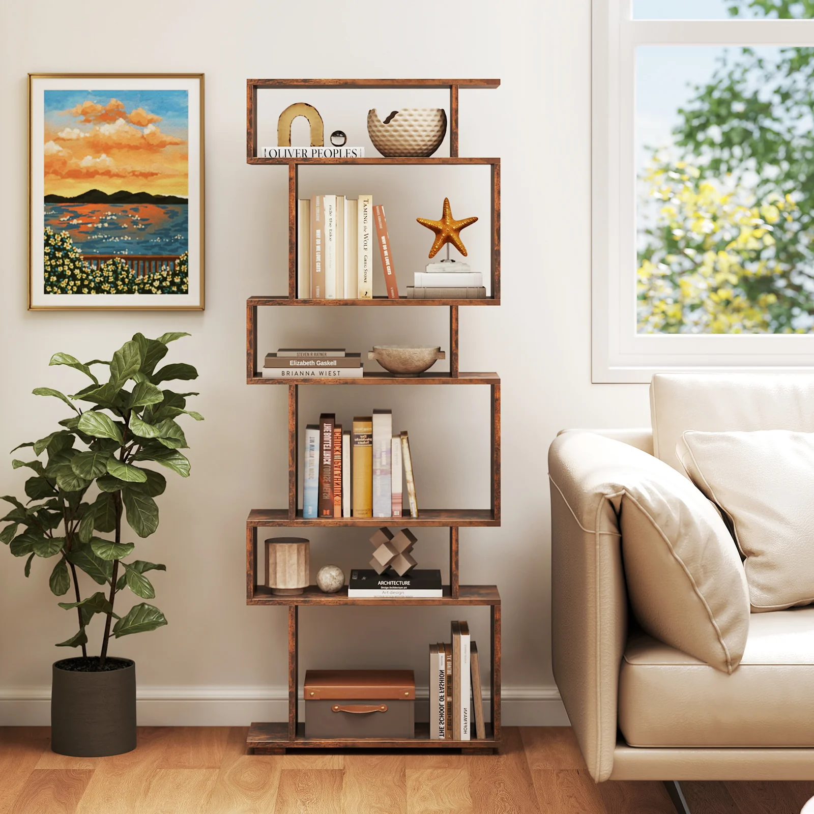 6-Tier Geometric Bookshelf with 2 Anti-Tipping Kits for Home Office, Rustic Brown - Image 7