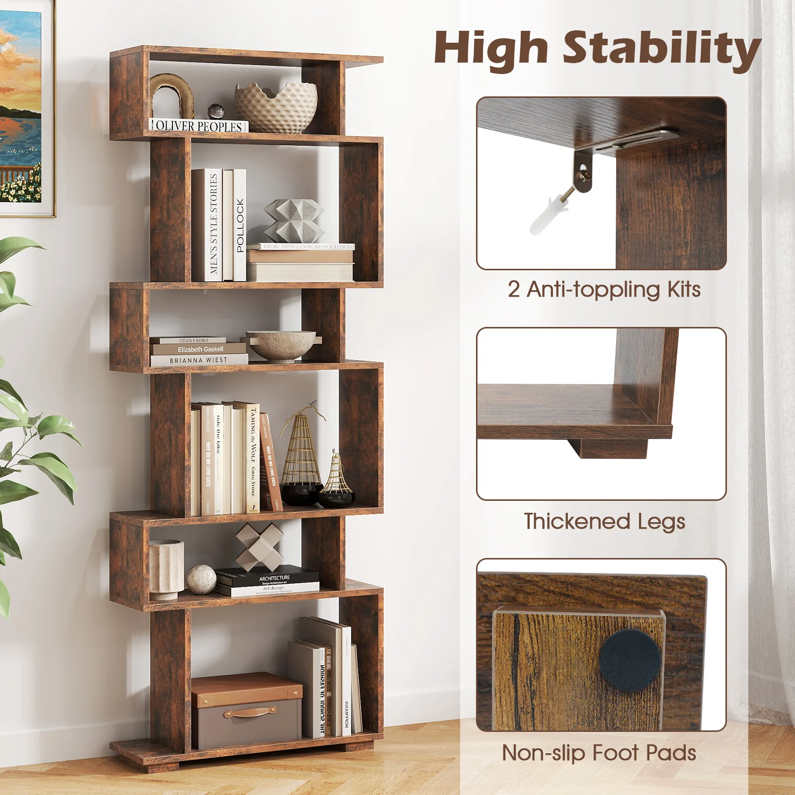 6-Tier Geometric Bookshelf with 2 Anti-Tipping Kits for Home Office, Rustic Brown - Image 9