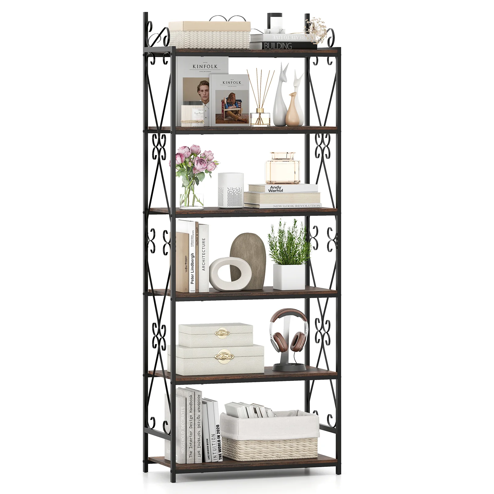 6-Tier Industrial Bookcase, Metal Frame, Rustic Brown