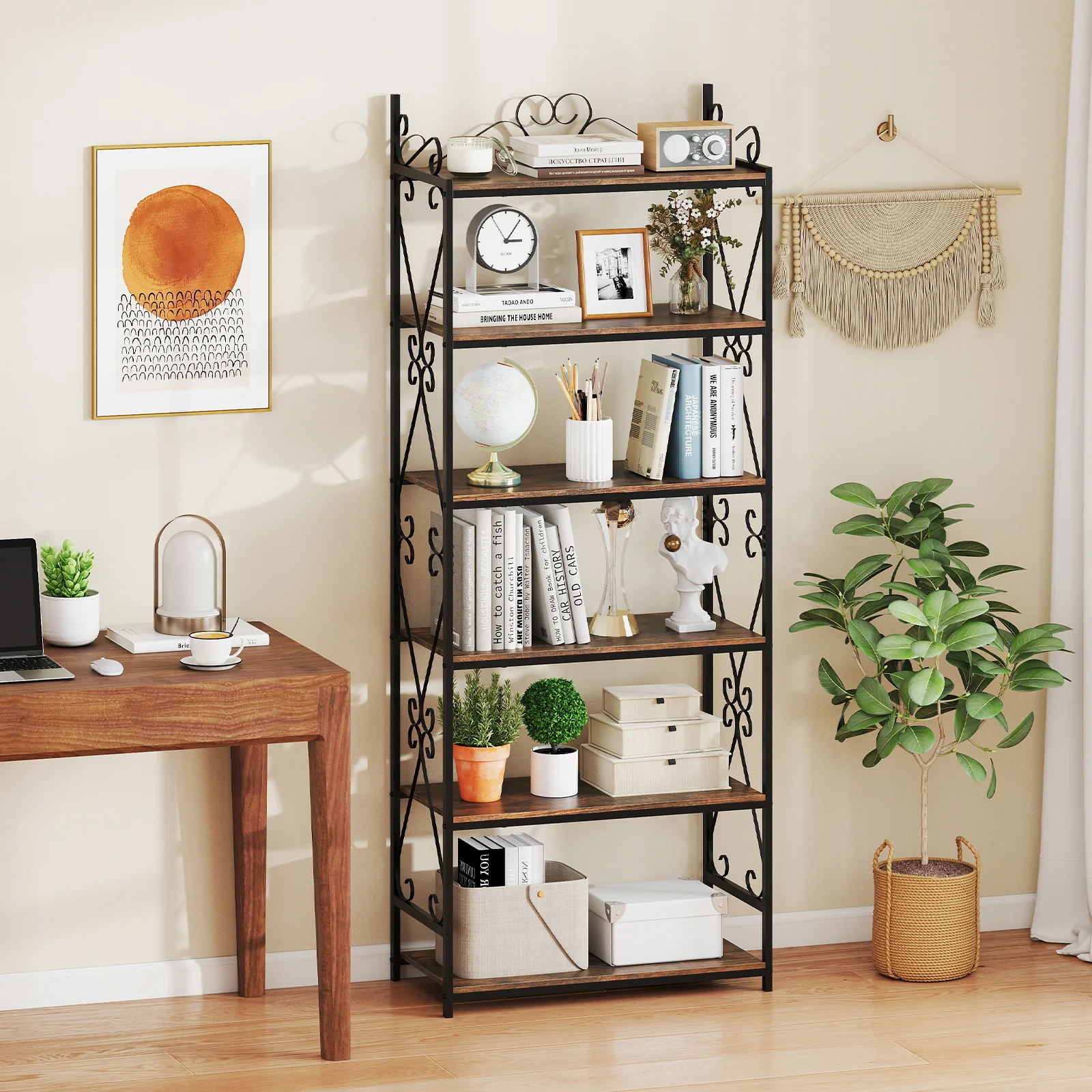 6-Tier Industrial Bookcase, Metal Frame, Rustic Brown - Image 2