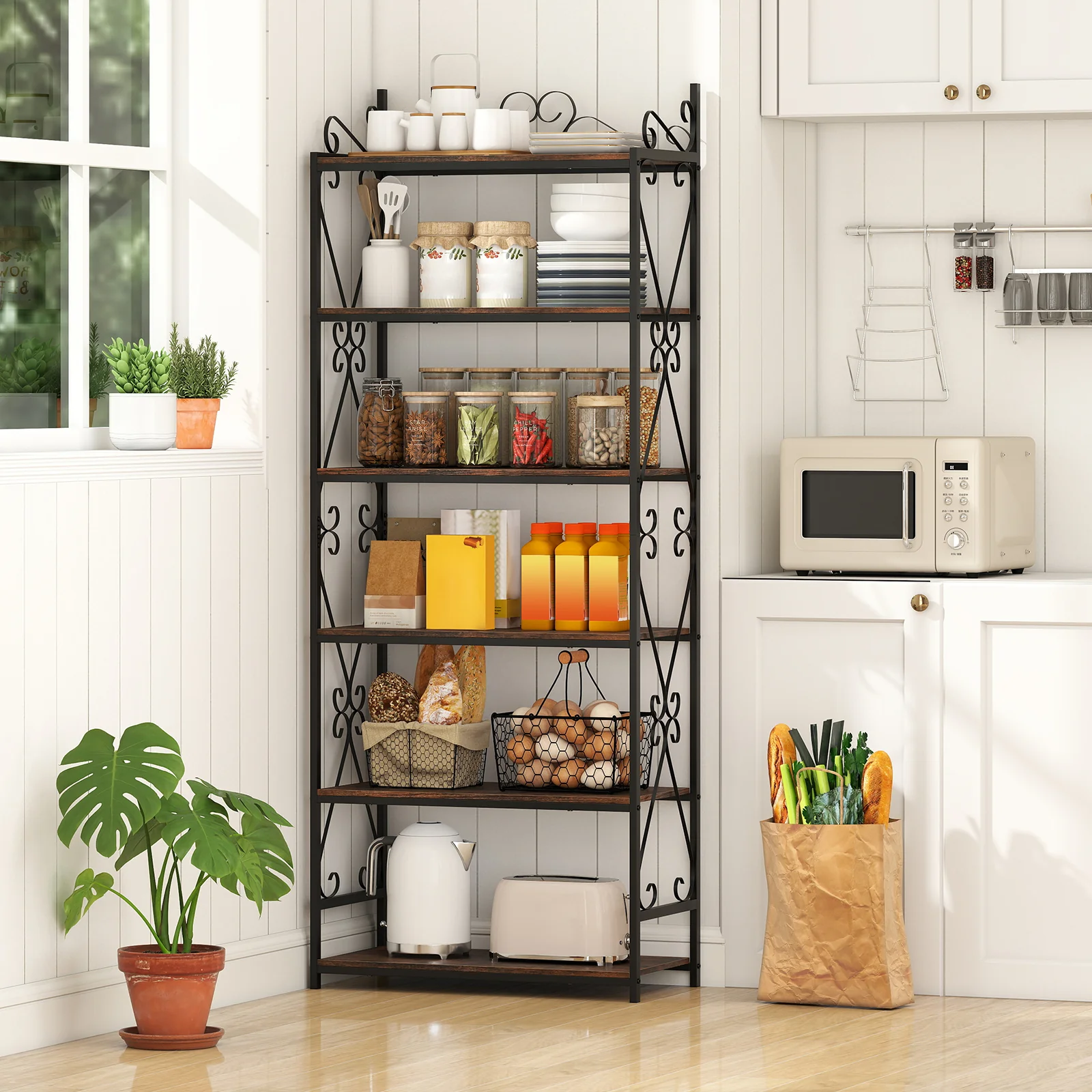 6-Tier Industrial Bookcase, Metal Frame, Rustic Brown - Image 3