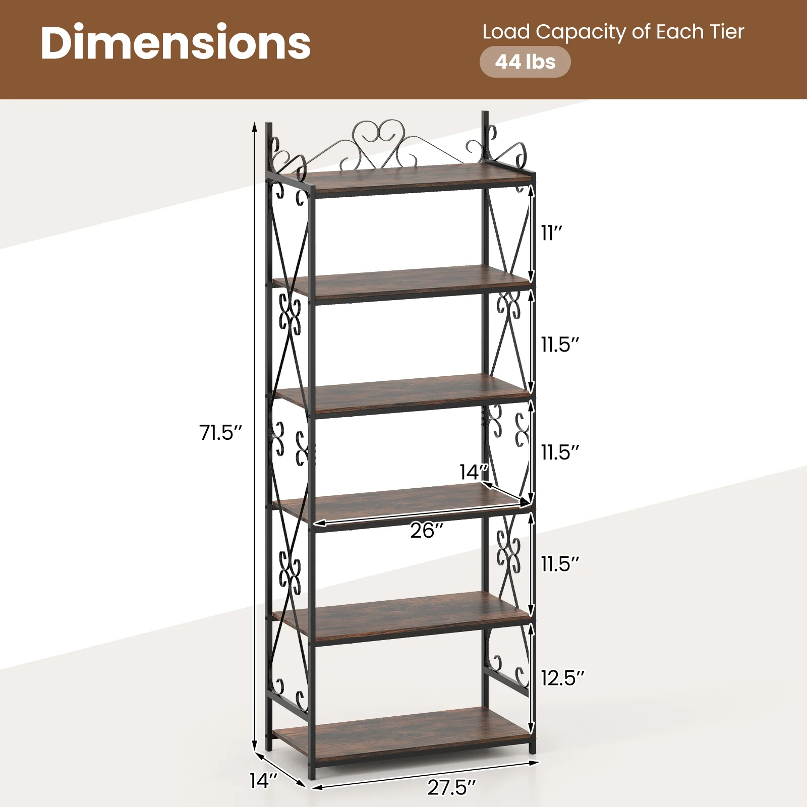 6-Tier Industrial Bookcase, Metal Frame, Rustic Brown - Image 6