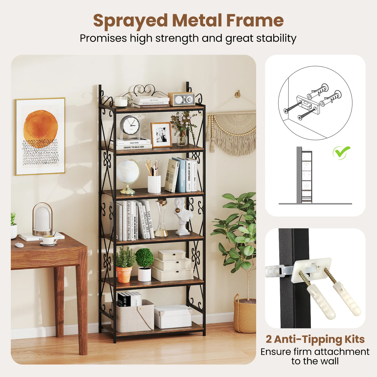 6-Tier Industrial Bookcase, Metal Frame, Rustic Brown - Image 8