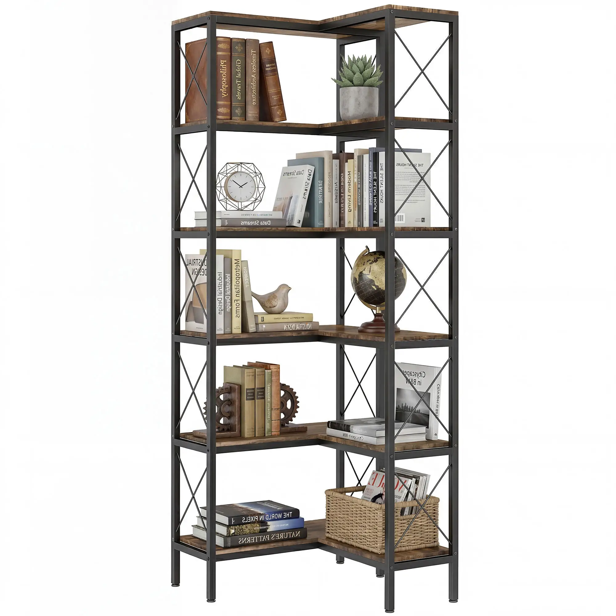 6-Tier L-Shaped Bookshelf, Freestanding Corner Bookcase with Metal Frame, Rustic Brown