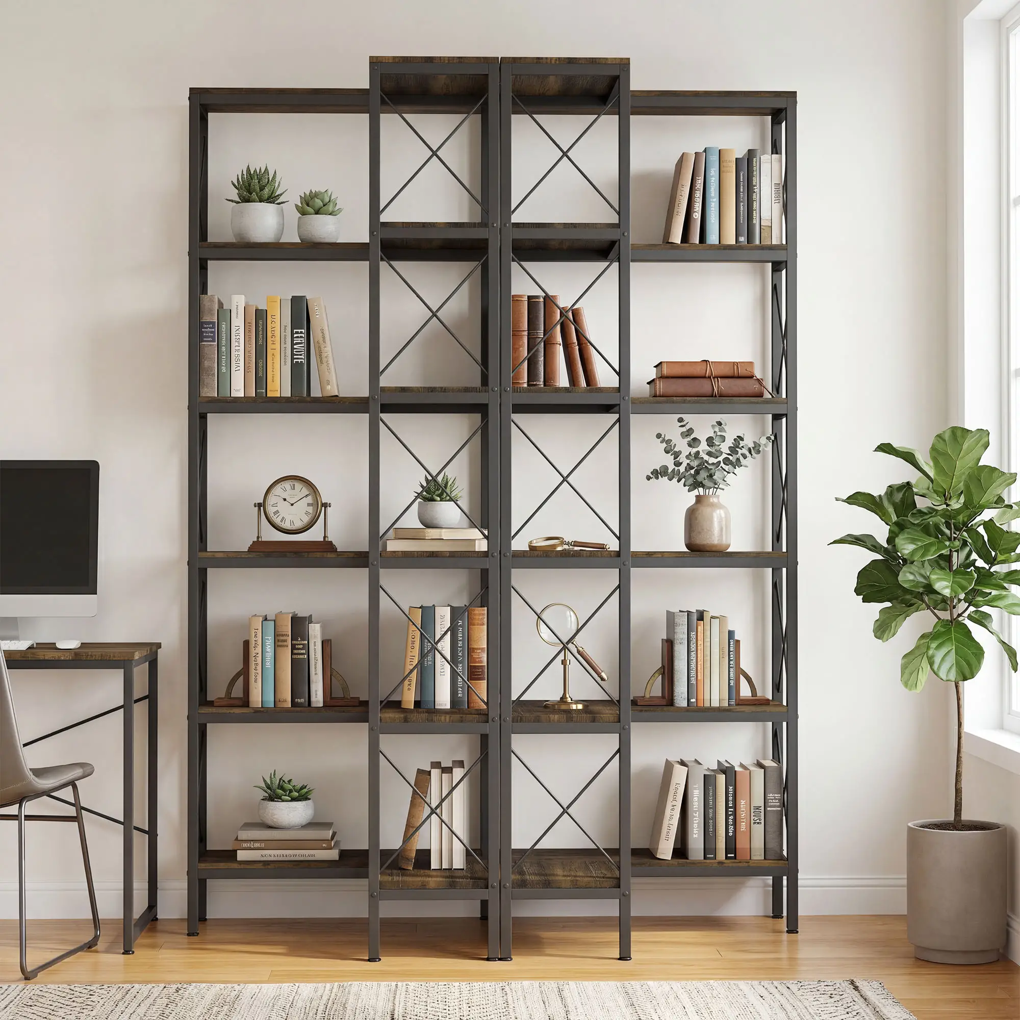 6-Tier L-Shaped Bookshelf, Freestanding Corner Bookcase with Metal Frame, Rustic Brown - Image 10