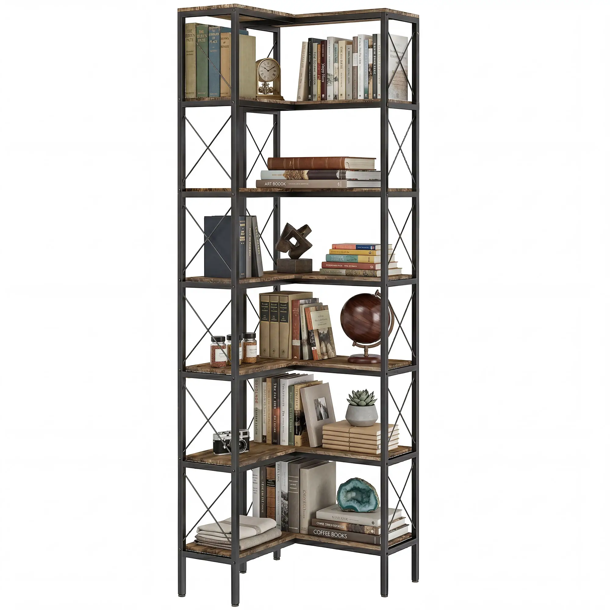 6-Tier L-Shaped Bookshelf, Freestanding Corner Bookcase with Metal Frame, Rustic Brown - Image 11