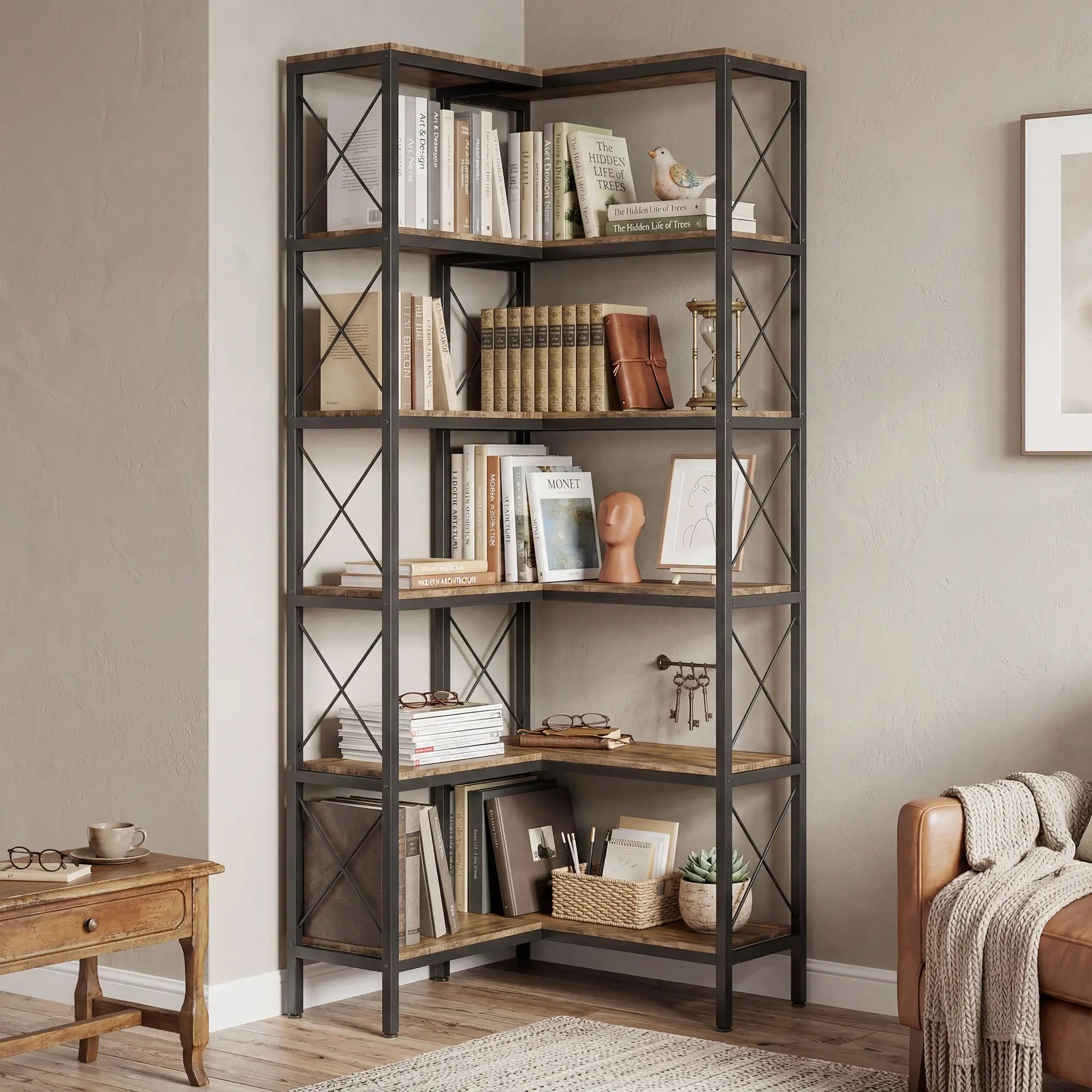 6-Tier L-Shaped Bookshelf, Freestanding Corner Bookcase with Metal Frame, Rustic Brown - Image 2