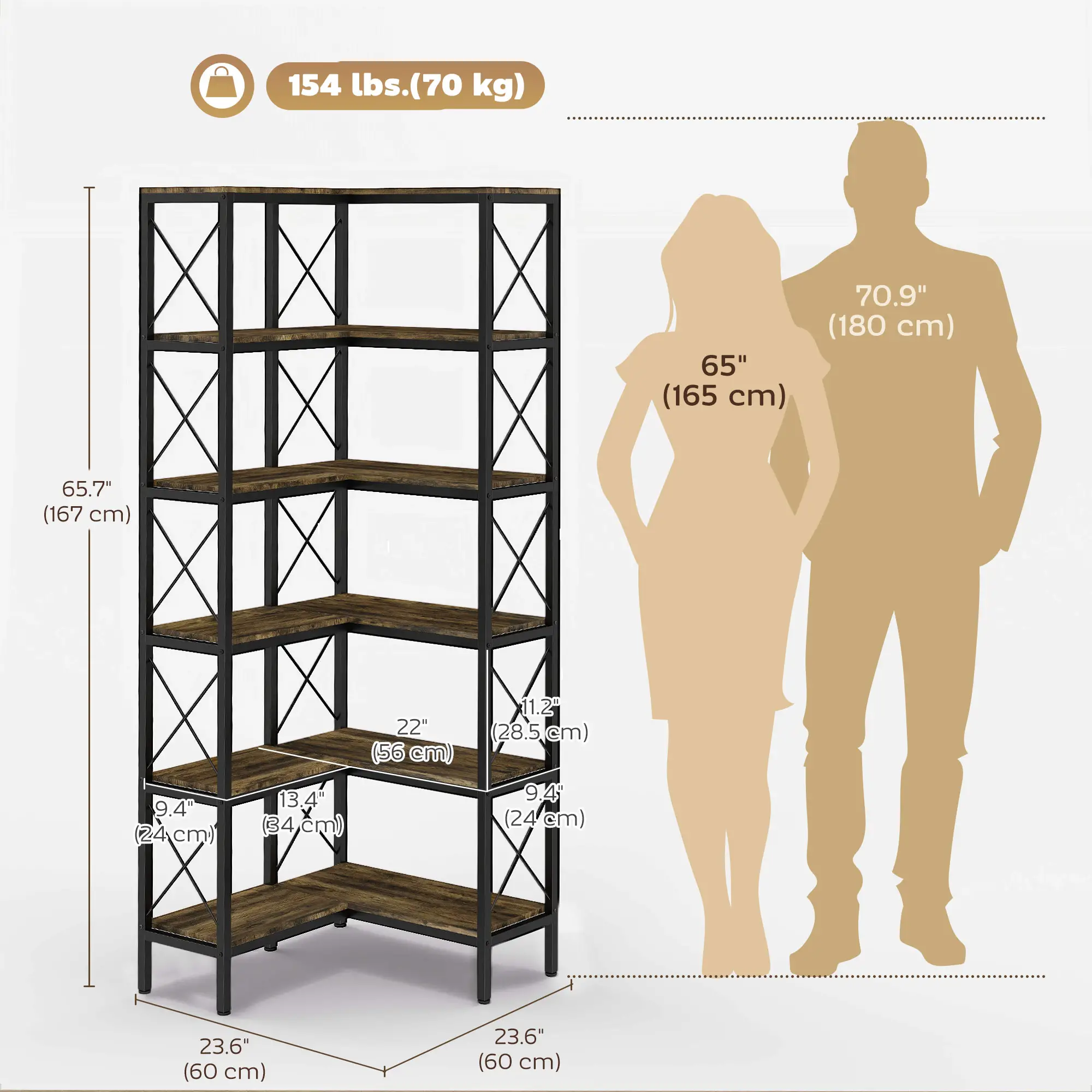 6-Tier L-Shaped Bookshelf, Freestanding Corner Bookcase with Metal Frame, Rustic Brown - Image 3