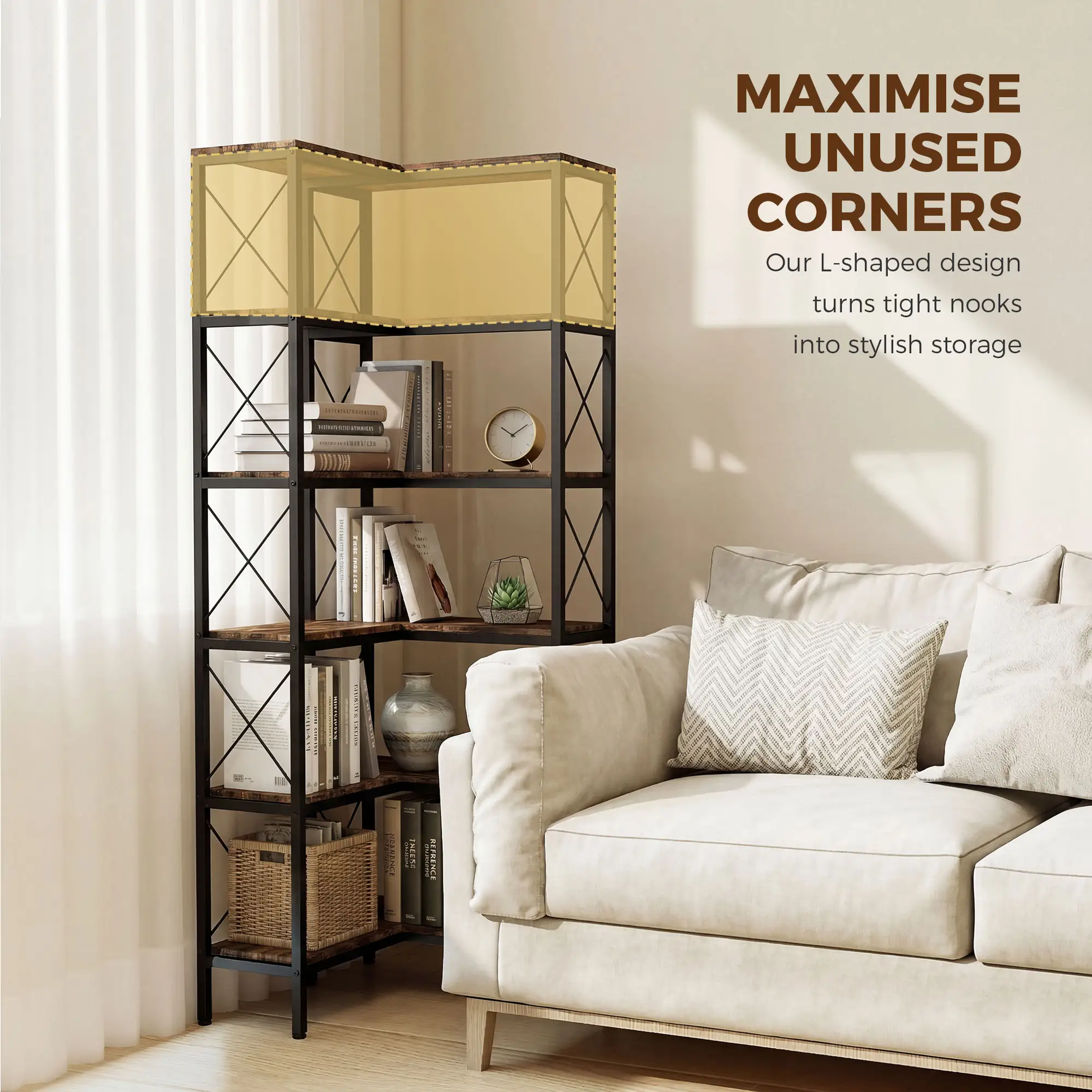6-Tier L-Shaped Bookshelf, Freestanding Corner Bookcase with Metal Frame, Rustic Brown - Image 4