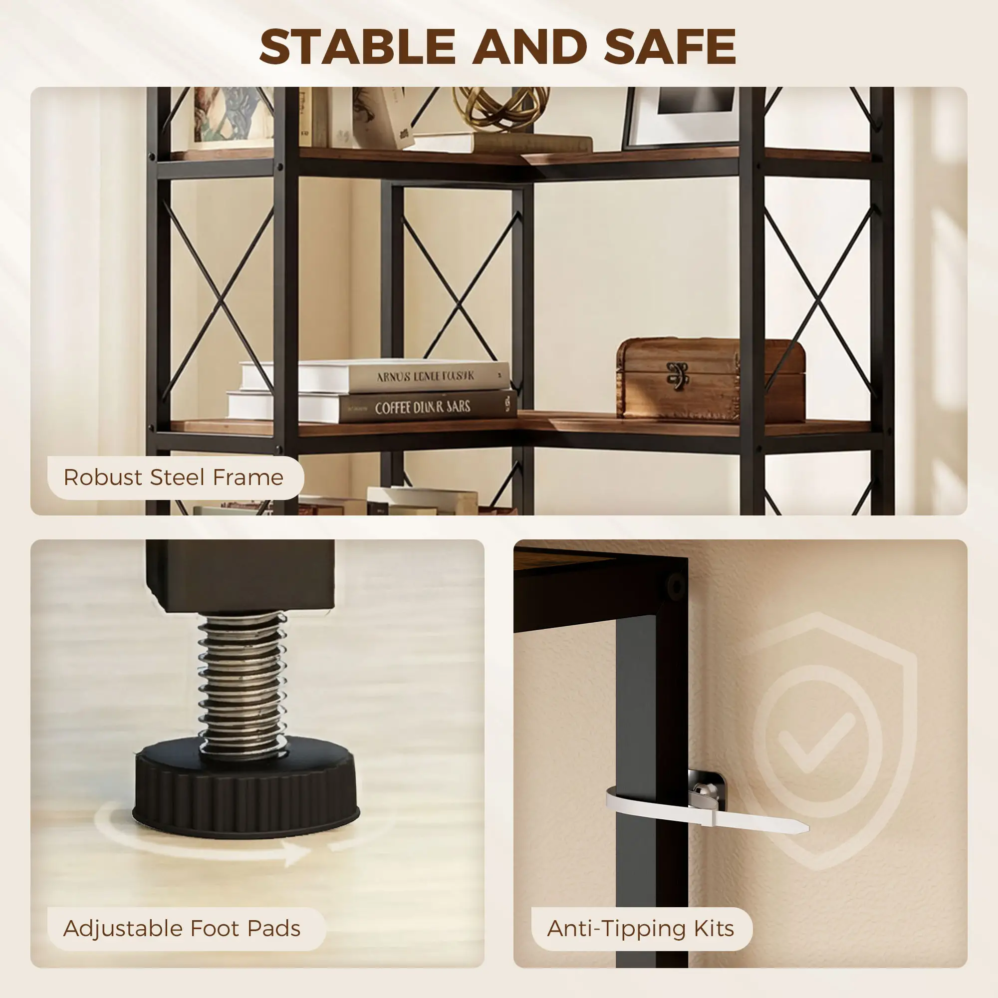 6-Tier L-Shaped Bookshelf, Freestanding Corner Bookcase with Metal Frame, Rustic Brown - Image 6
