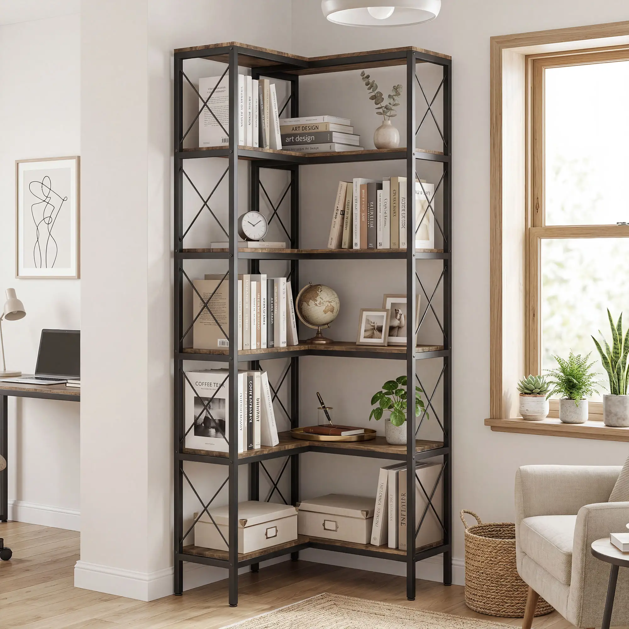 6-Tier L-Shaped Bookshelf, Freestanding Corner Bookcase with Metal Frame, Rustic Brown - Image 8