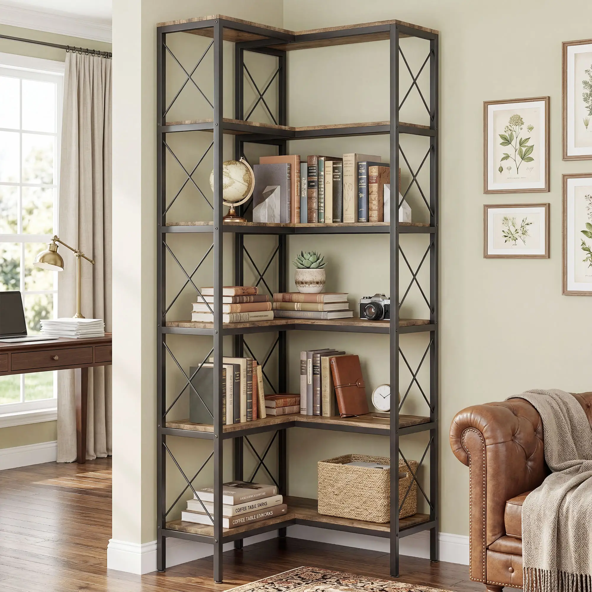 6-Tier L-Shaped Bookshelf, Freestanding Corner Bookcase with Metal Frame, Rustic Brown - Image 9