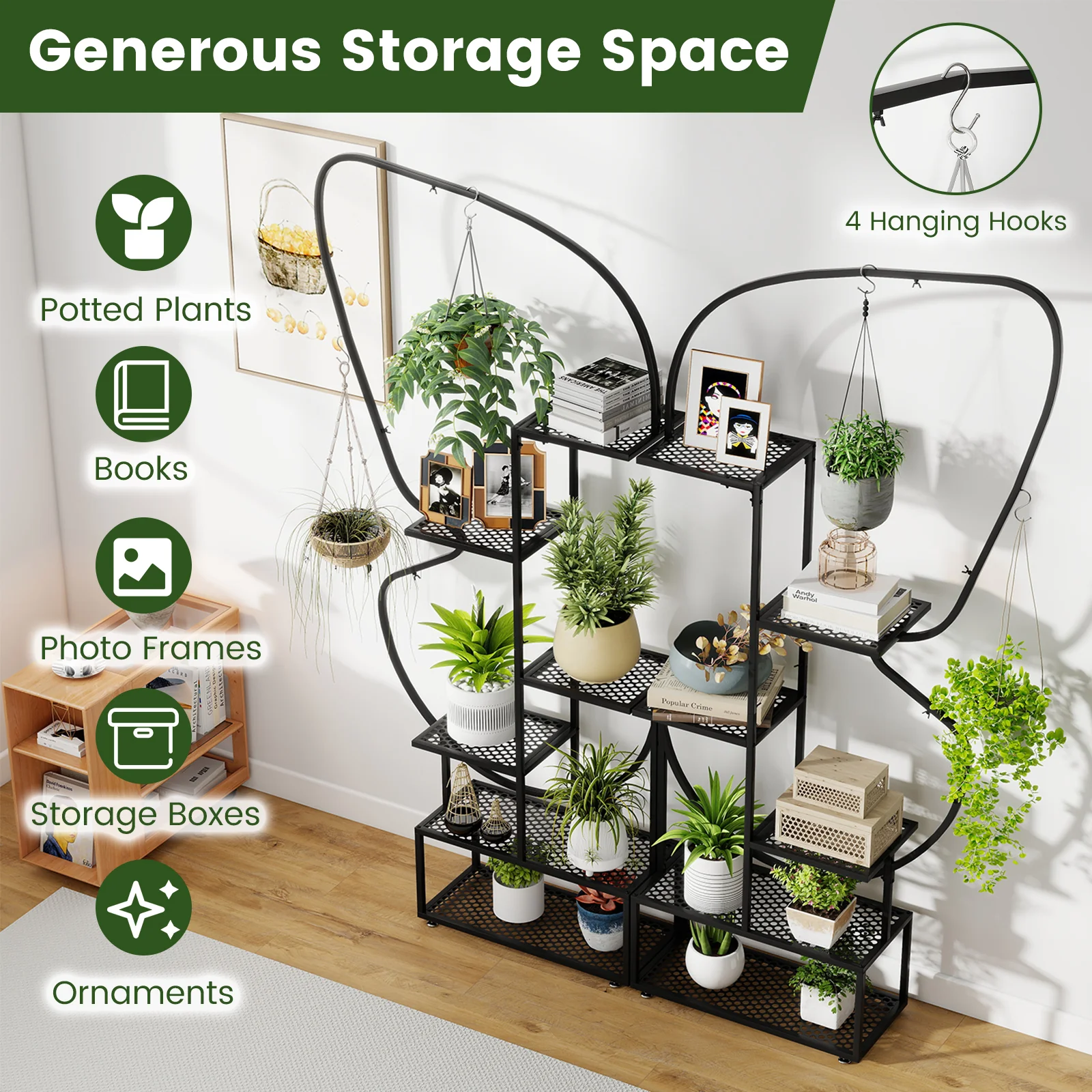 6-Tier Metal Plant Stand Ladder, Display Rack With Hanging Hooks, Black - Image 10