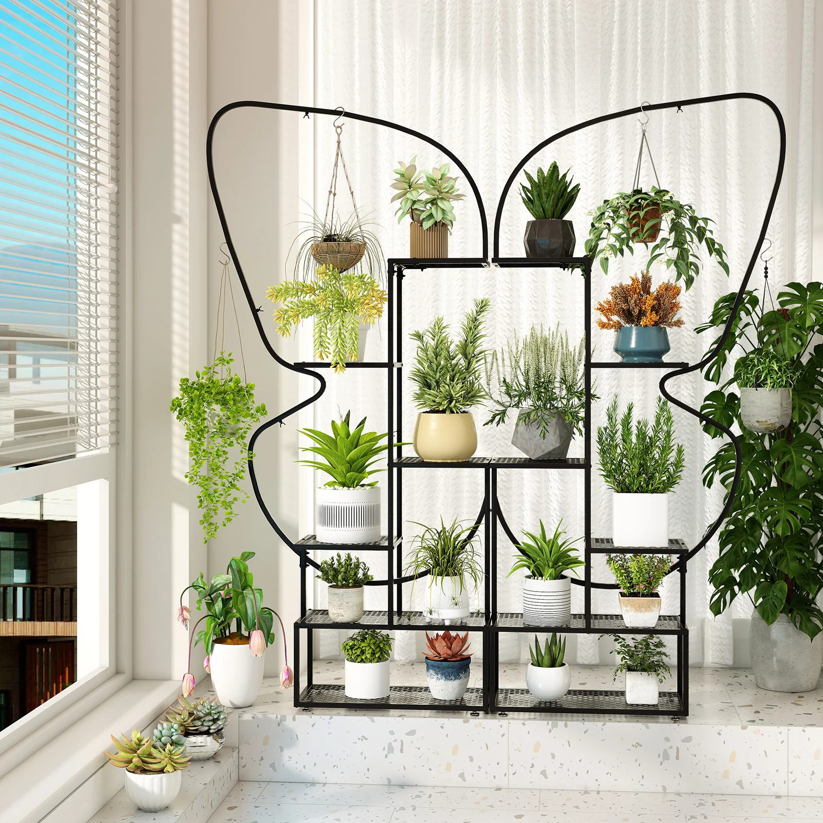 6-Tier Metal Plant Stand Ladder, Display Rack With Hanging Hooks, Black - Image 3