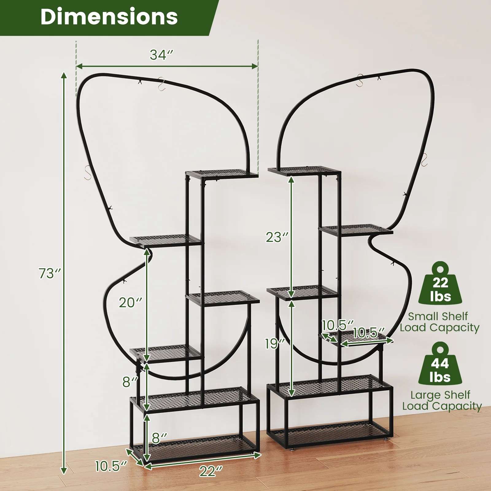 6-Tier Metal Plant Stand Ladder, Display Rack With Hanging Hooks, Black - Image 6
