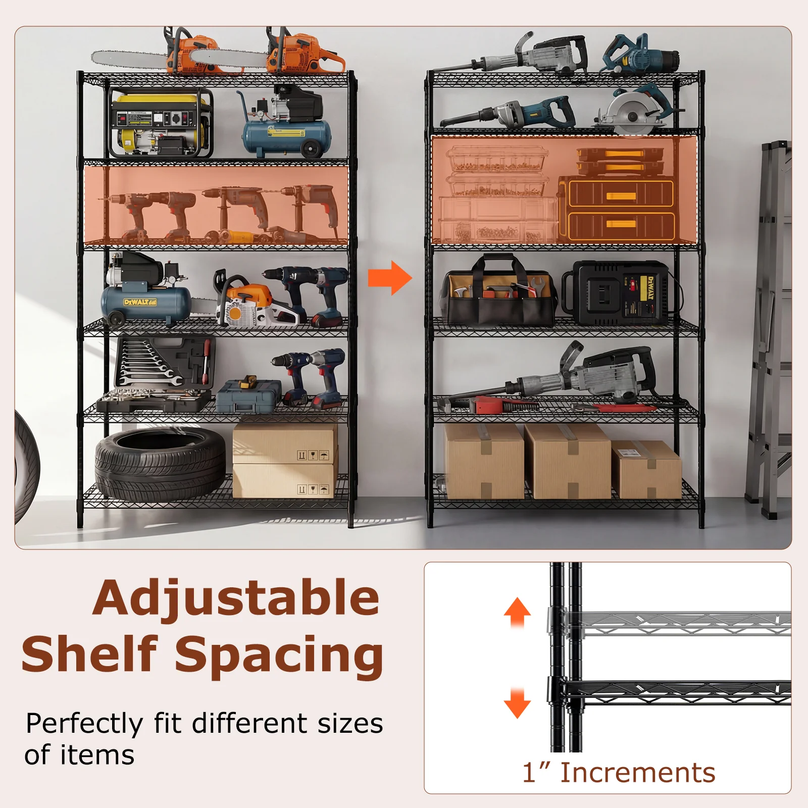 6-Tier Metal Storage Shelving Unit Set of 2 Adjustable Utility Shelf with V-Shaped Wire Rack, Black - Image 8