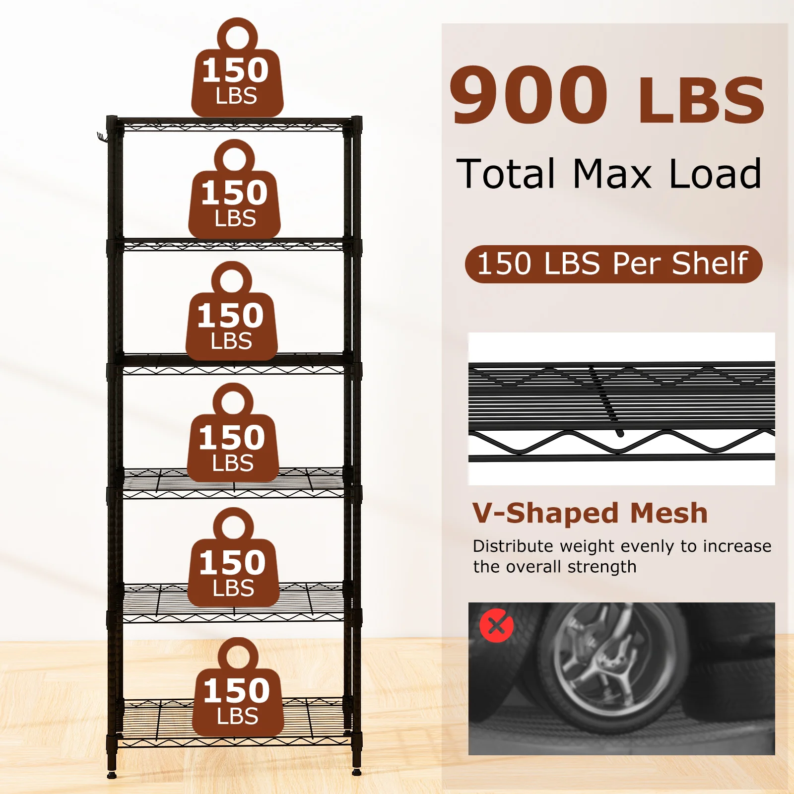 6-Tier Metal Storage Shelving Unit with V-Shaped Wire Rack and 900 LBS Capacity-DK, Black - Image 7