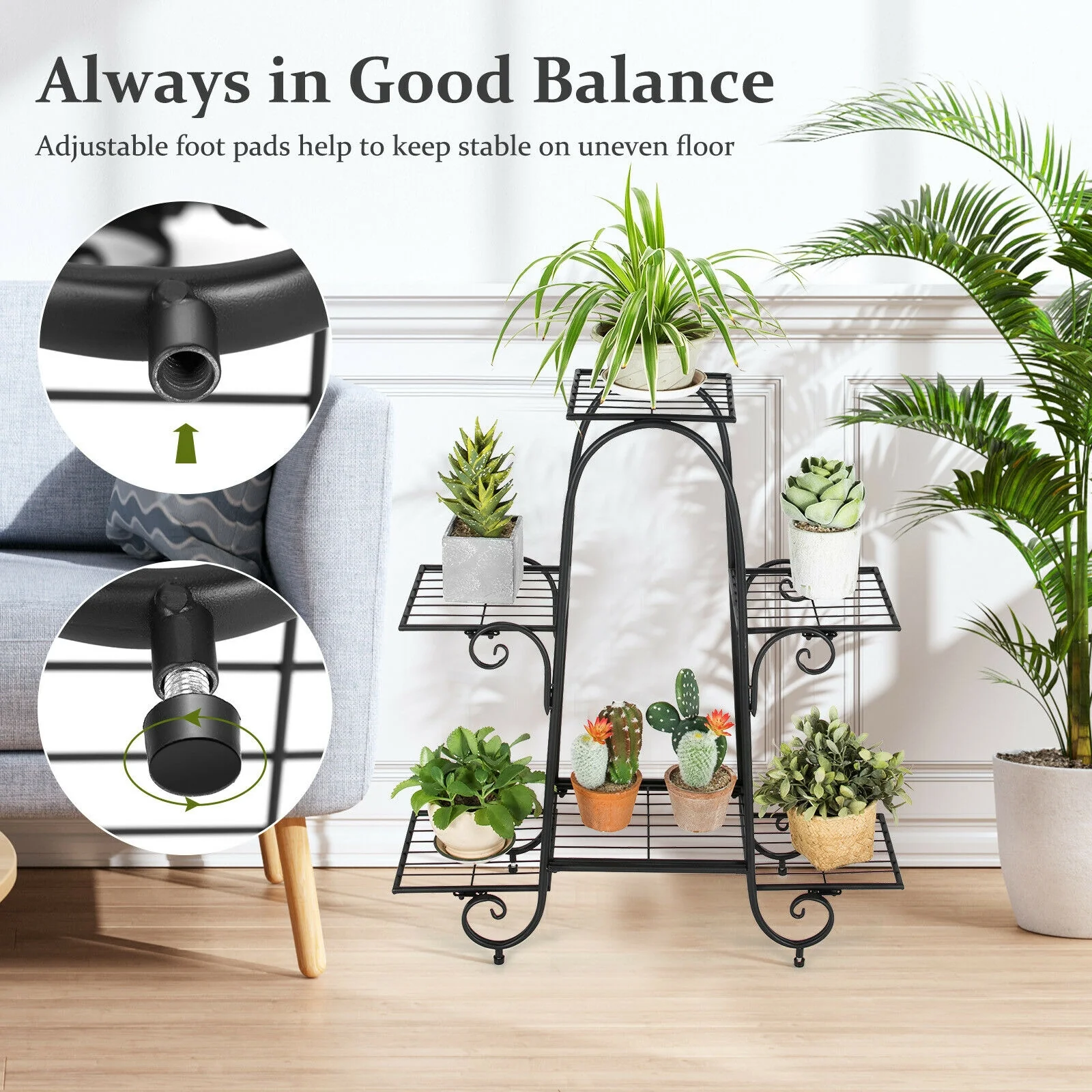6-Tier Plant Stand, Adjustable Foot Pads, Black - Image 10