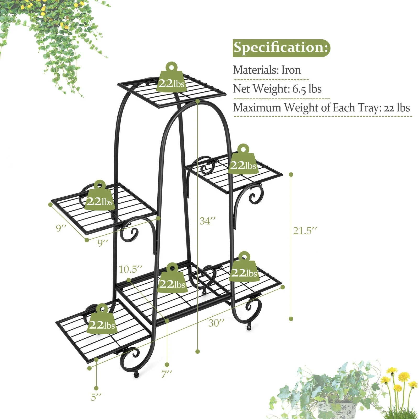 6-Tier Plant Stand, Adjustable Foot Pads, Black - Image 6