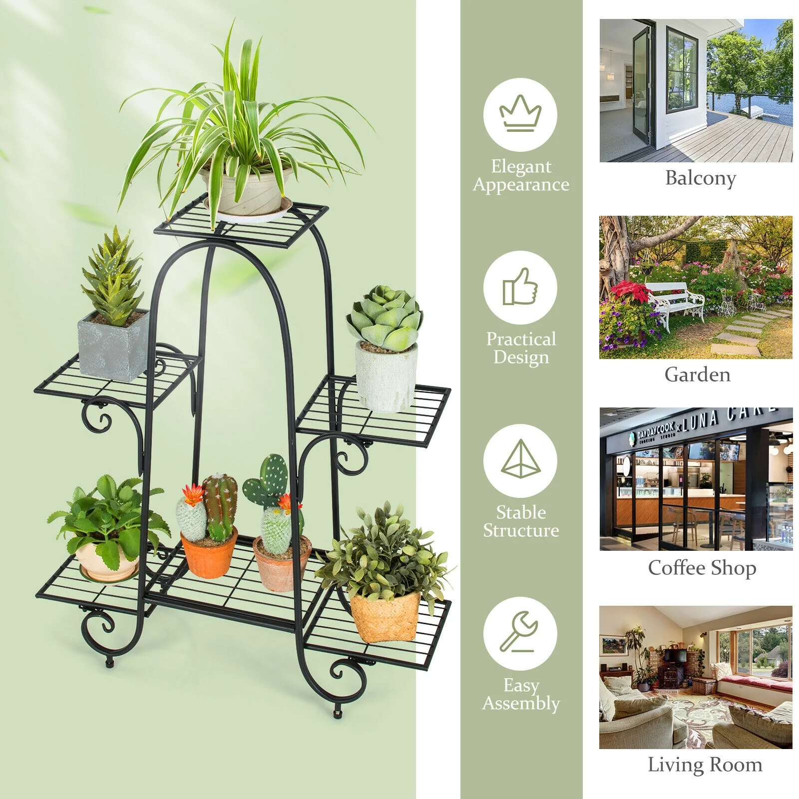6-Tier Plant Stand, Adjustable Foot Pads, Black - Image 8