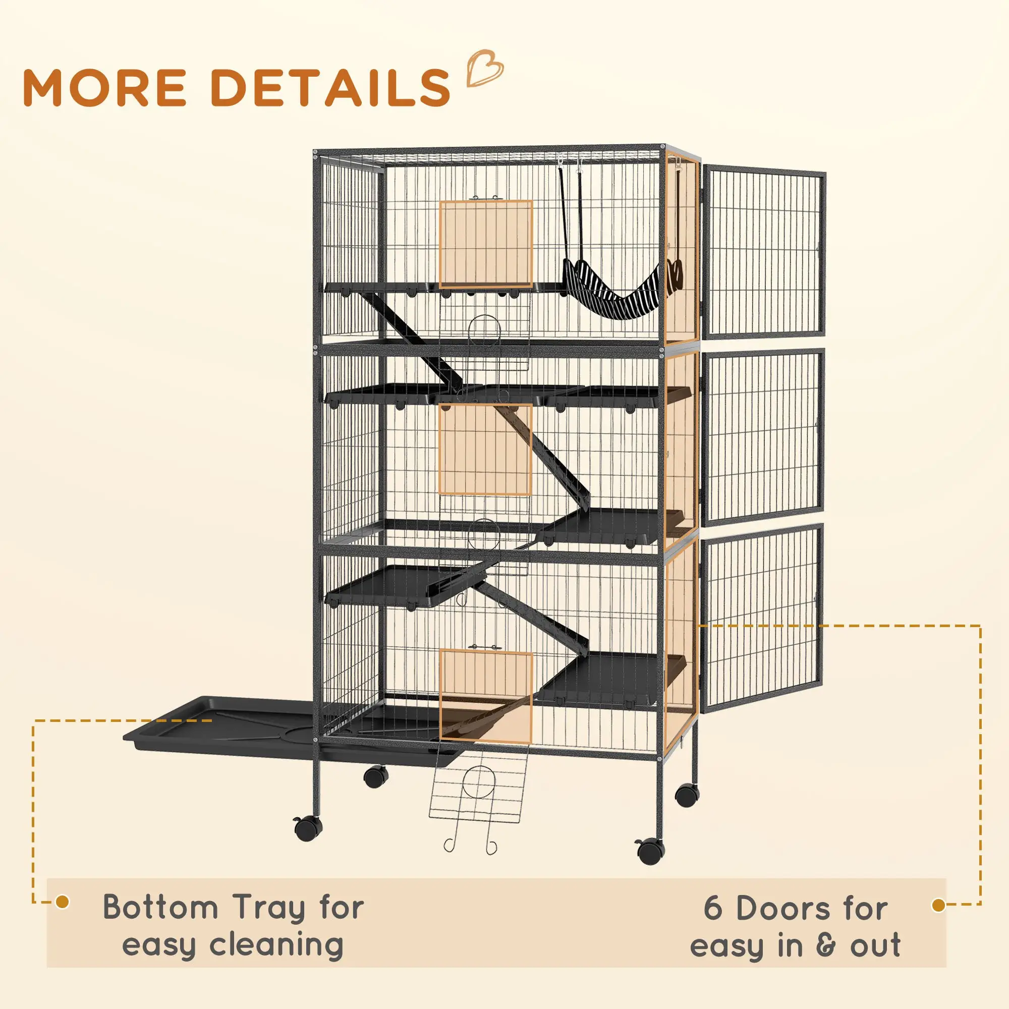 6-Tier Rolling Small Animal Cage, Rabbit Ferret Cage, Charcoal Grey - Image 7