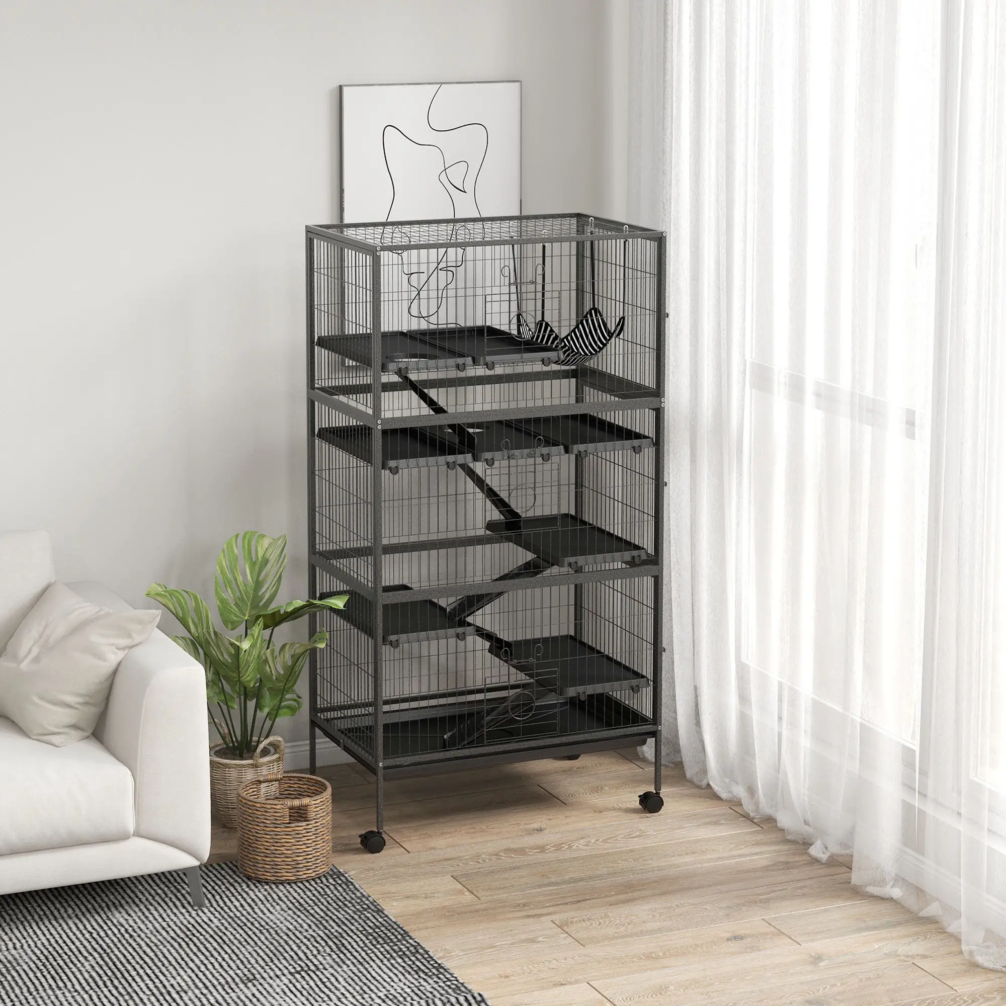 6-Tier Rolling Small Animal Cage, Rabbit Ferret Cage, Charcoal Grey - Image 8